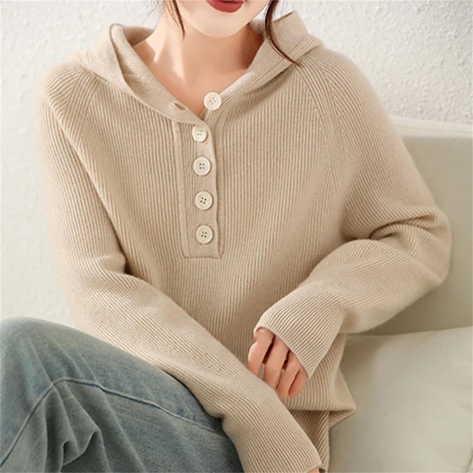 Yeuyyben Maglione da donna in cashmere, a maniche lunghe, con bottoni, invernale, caldo, lavorato a maglia, beige, Beige, L