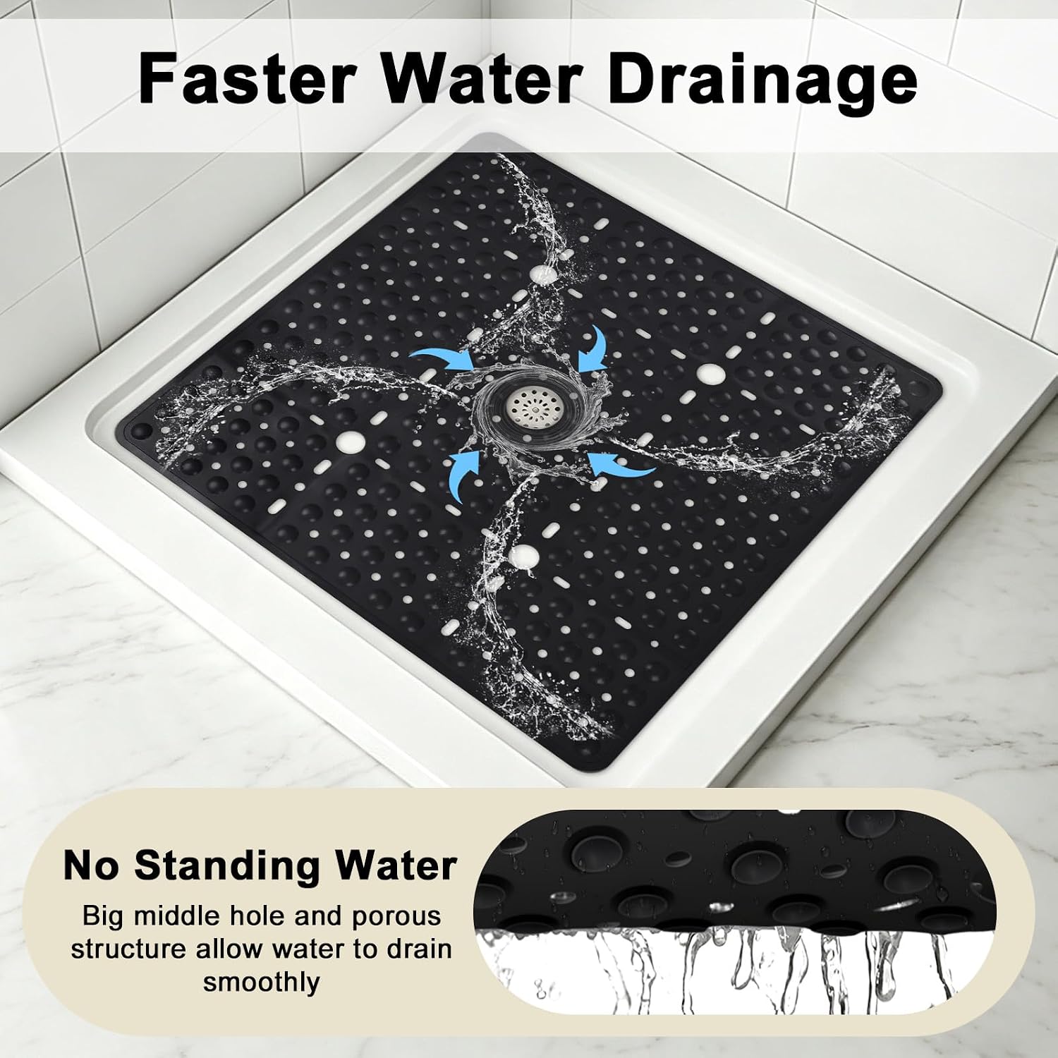 Square Shower Mat Non Slip, 27 x 27 Inch Quick Drain TPE Anti Slip Shower Mats for Inside Shower, Soft Shower Floor Mat with Suction Cups, Quick Drying, Machine Washable
