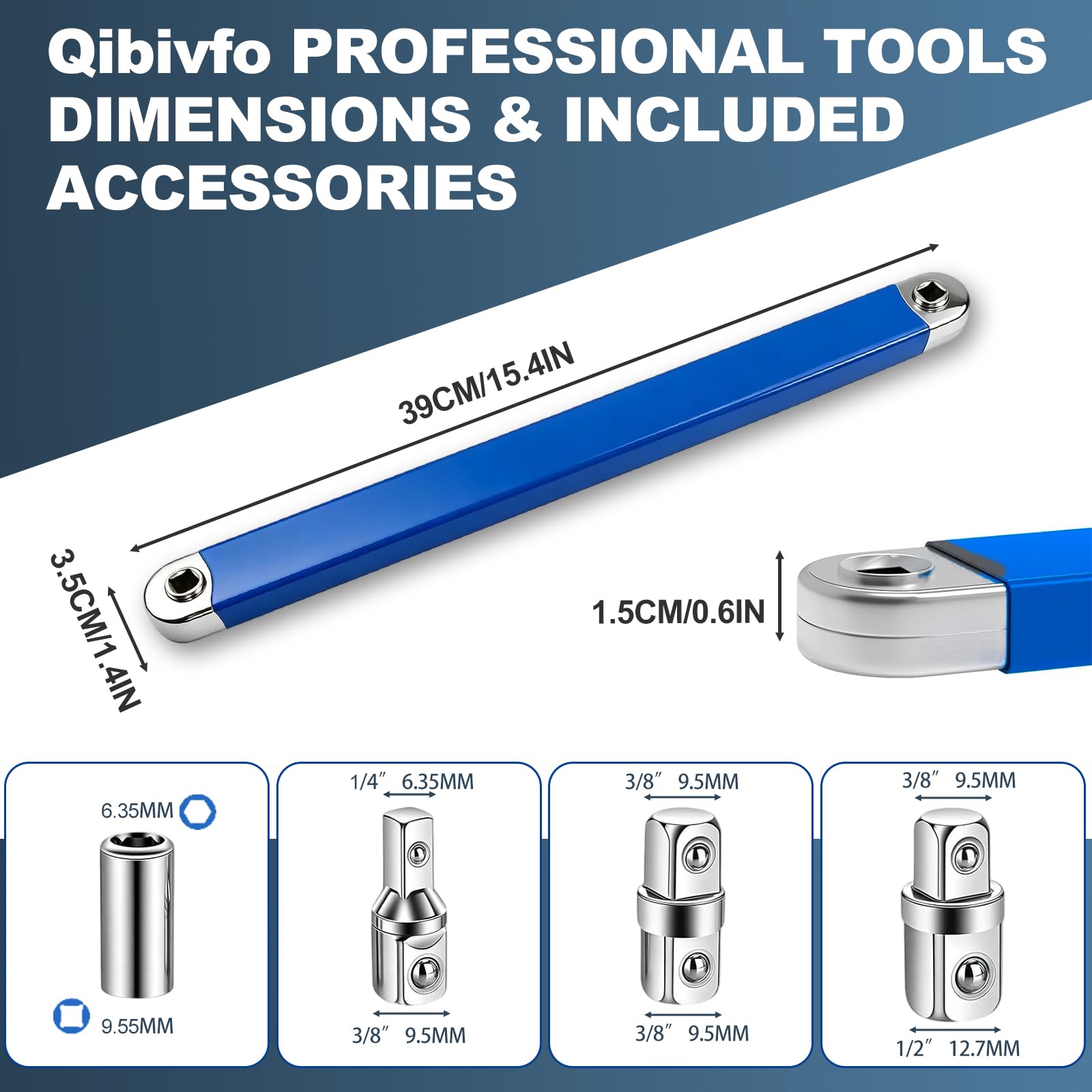 Extensión de Carraca de 39 cm con 4 Adaptadores de 1/4", 3/8" y 1/2", Barra de Extensión Offset Resistente a Impactos para Espacios Reducidos y Tornillos Atascados