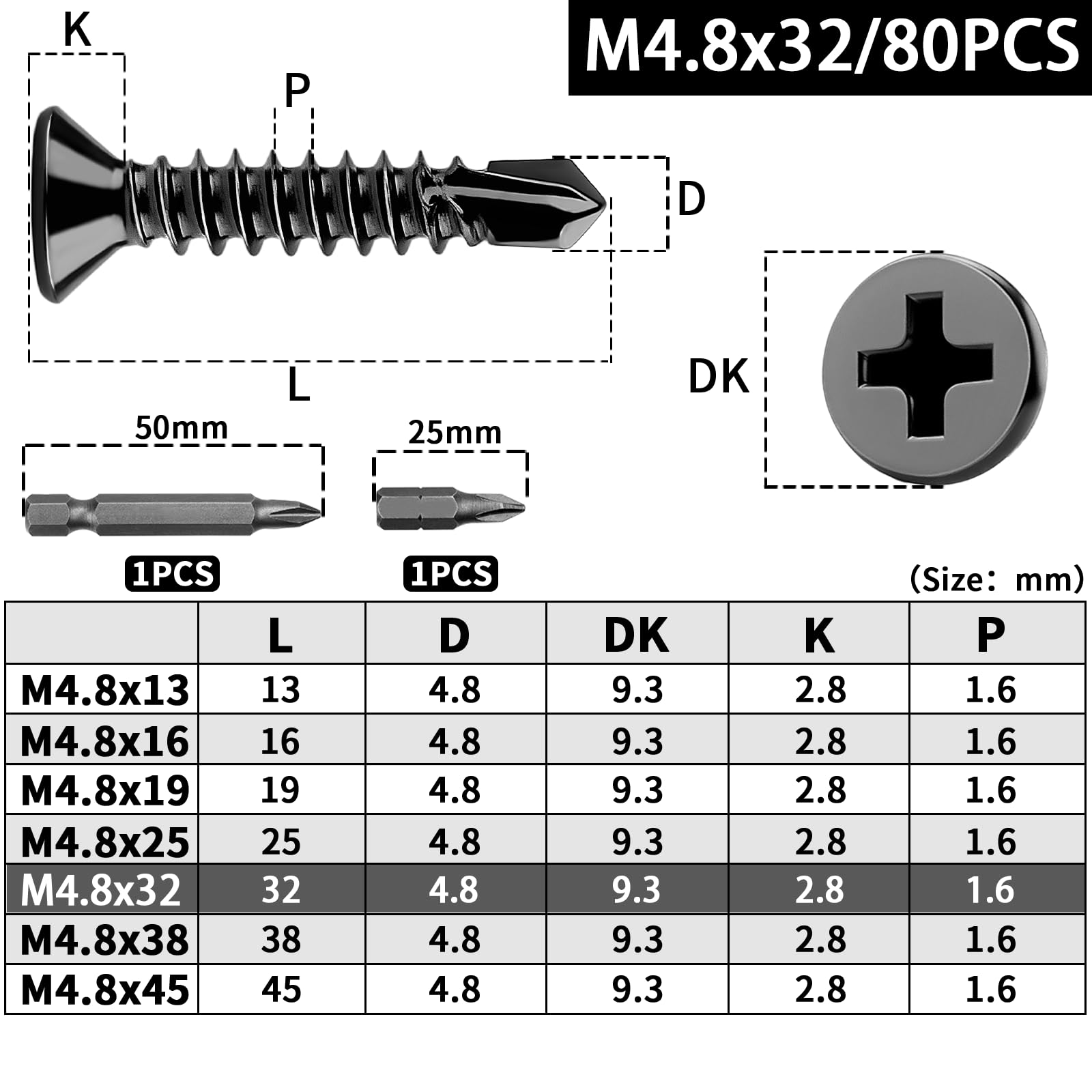 Wkręty samogwintujące M4,8 x 32 mm, wkręty samogwintujące, stal nierdzewna, 410, czarne, wkręty samogwintujące, z łbem stożkowym, czarne, do prac domowych, drewna, 80 sztuk