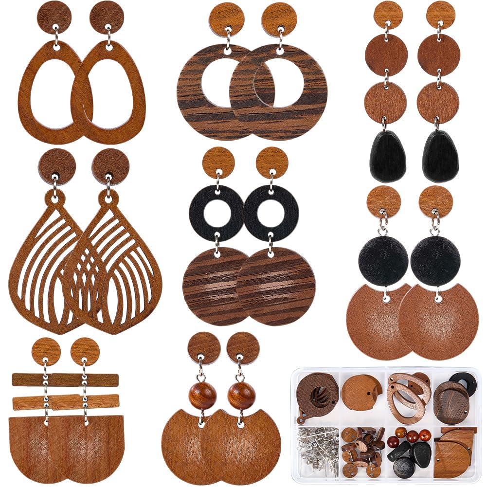 SUNNYCLUE 8 Paio di Orecchini in Legno per Donna Orecchini Pendenti Boho per Donna alla Moda 2025 Orecchini Geometrici Vintage Marroni A Forma di Goccia in Legno Set di Gioielli per Natale Adult