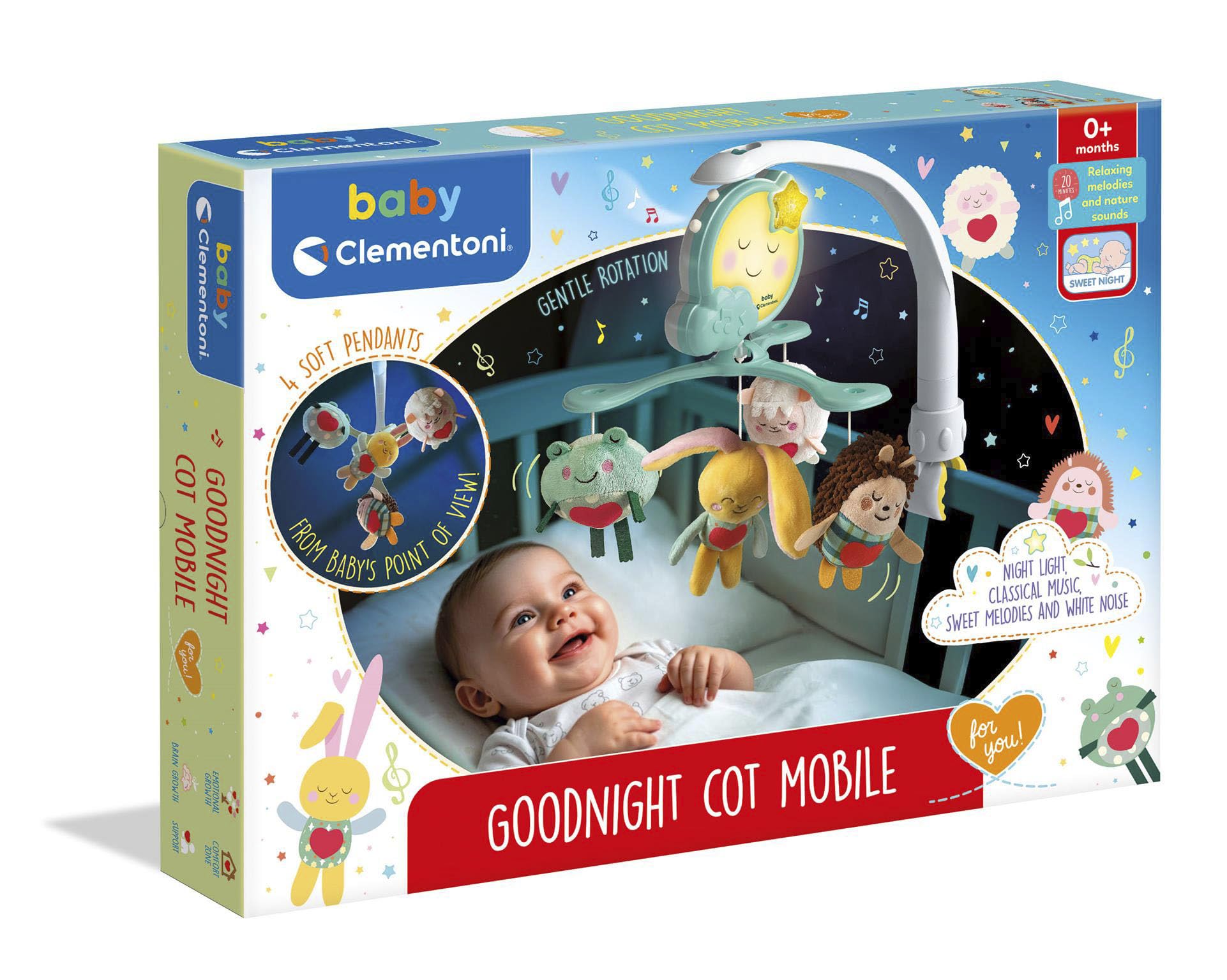 Baby Clementoni for You - Goodnight Cot Mobile, Giocattolo Musicale per Neonati 0+ Mesi, per Culla e Passeggino, in Morbido Tessuto, Stimola Emotività e Percezione Tattile, 17561