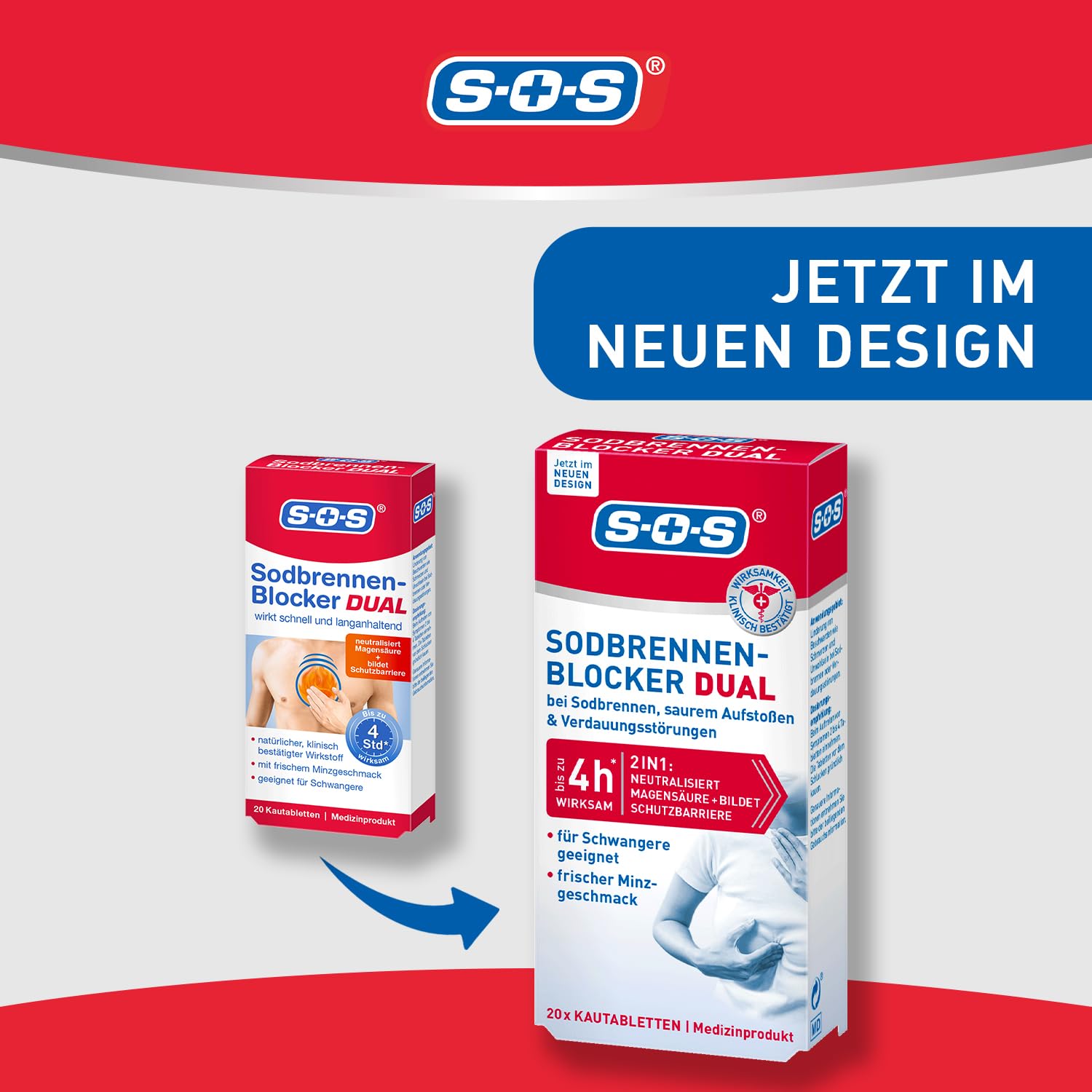 SOS Sodbrennen-Blocker Dual: Sodbrennen Tabletten wirken schnell und langanhaltend, Magentabletten, 10x 20 Kautabletten
