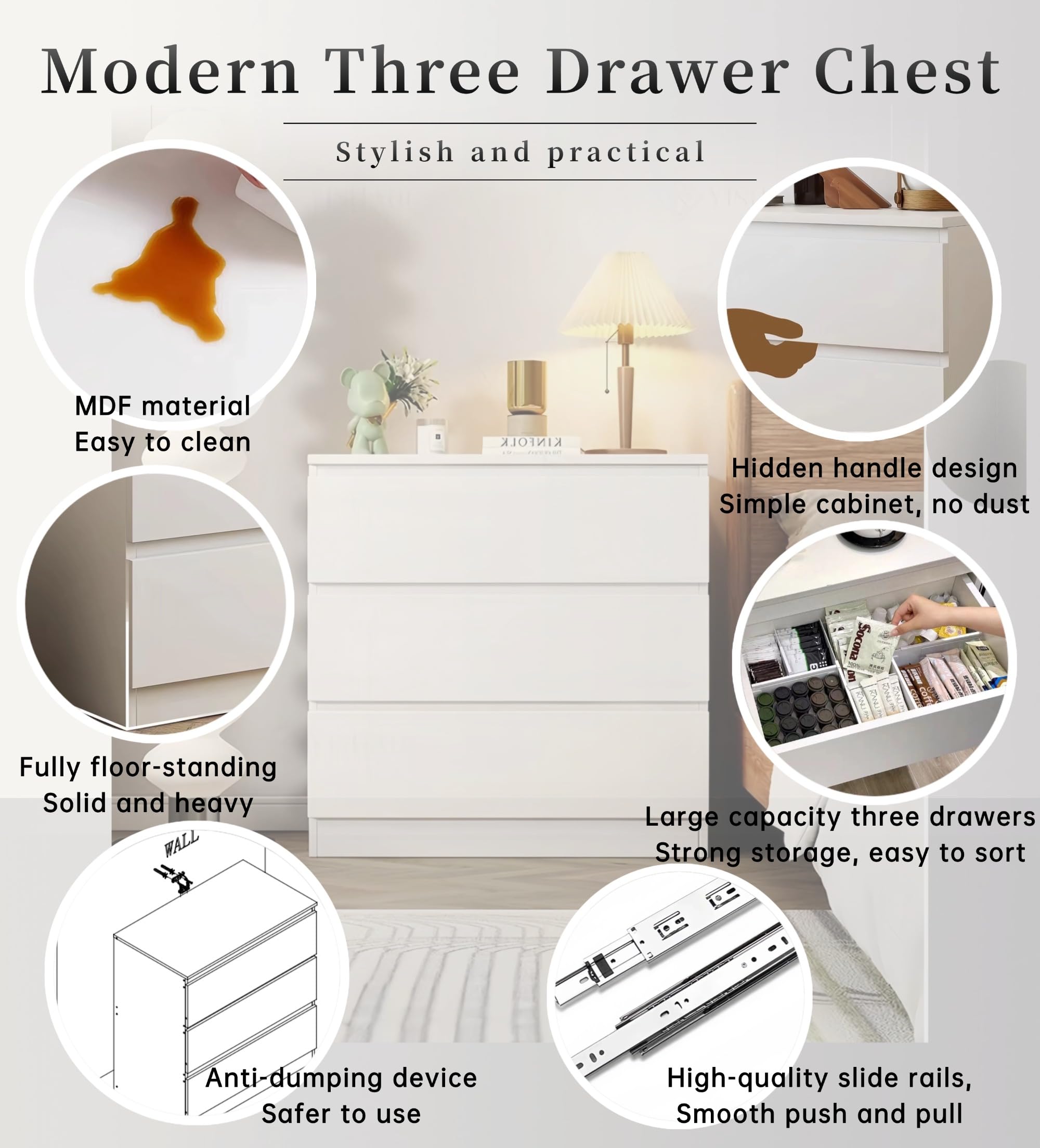 Cómoda Blanca con 3 Cajones, Cómoda y Cajonera Dormitorio Mueble de Cajonera Blanca Moderno Gavetero Alta 75 cm Almacenamiento Sinfonier para Dormitorio Salón Oficina (3 Cajones)