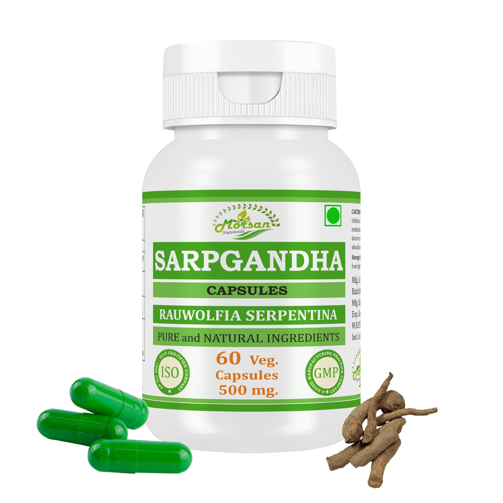 Morsan Nutraveda Sarpagandha (Rauvolfia serpentina) 500 mg, Pure Herbal Supplement, Pack of 60 Veg. Capsules (1)