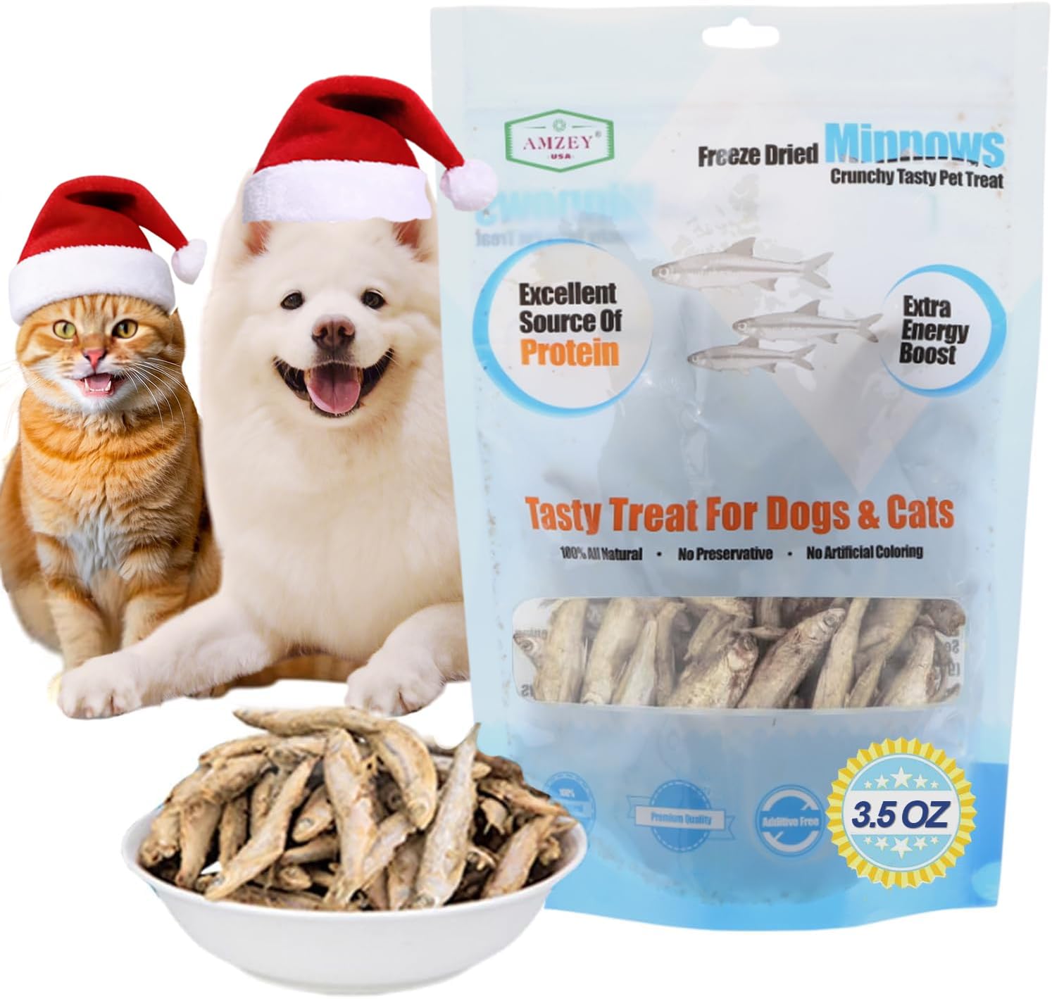 Amzey 3.5oz Minnows Dog Treats - Freeze Dried Minnows Cat Treats - High Protein & Premium Quality Training Treats - Bulk Package (1.6" to 2.8" Length Each)