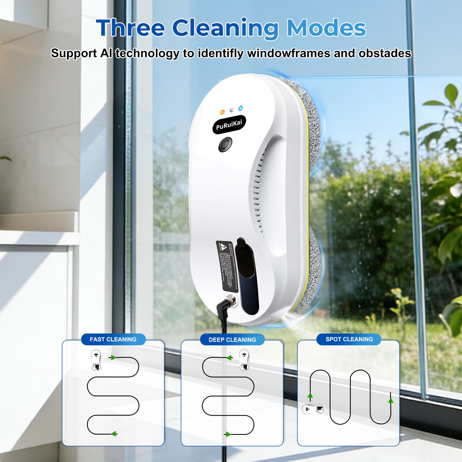 PRK-309 Robot de limpieza de ventanas, limpiador automático de cristales con spray de agua, succión fuerte de 5600 Pa, planificación inteligente de trayectoria 3.0, limpieza de doble cara