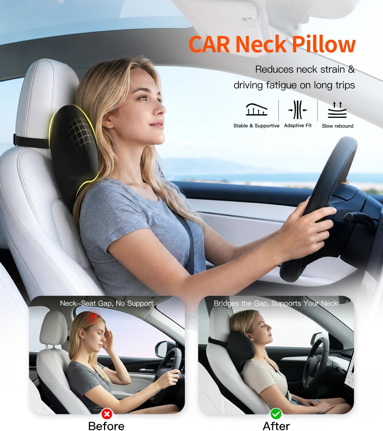 2-Pack Car Neck Pillow: Ergonomic Neck Support for Long Drives | 100% Memory Foam Car Headrest Pillow, Travel Car Pillow for Neck Pain Relief, Universal Fit for Sedans, SUVs, Trucks (Black)