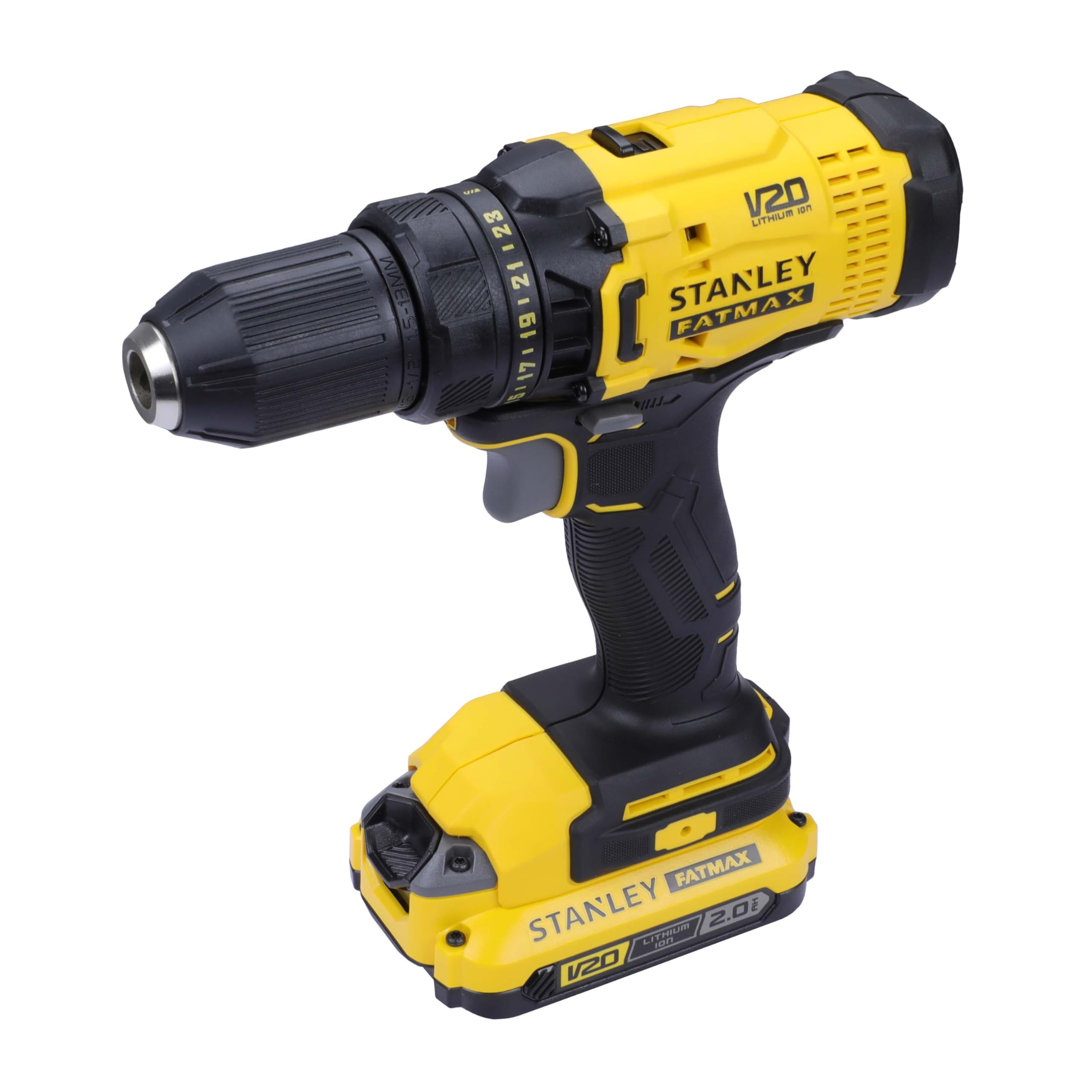 STANLEY FATMAX SCD700D2K 20V 13 mm Reversible Cordless Brushed Drill Machine Driver With 2x2.0Ah Li-ion Batteries, 1pc Charger, 2 Speed Gearbox & LED Worklight, 2 Year Warranty, YELLOW & BLACK product image 7