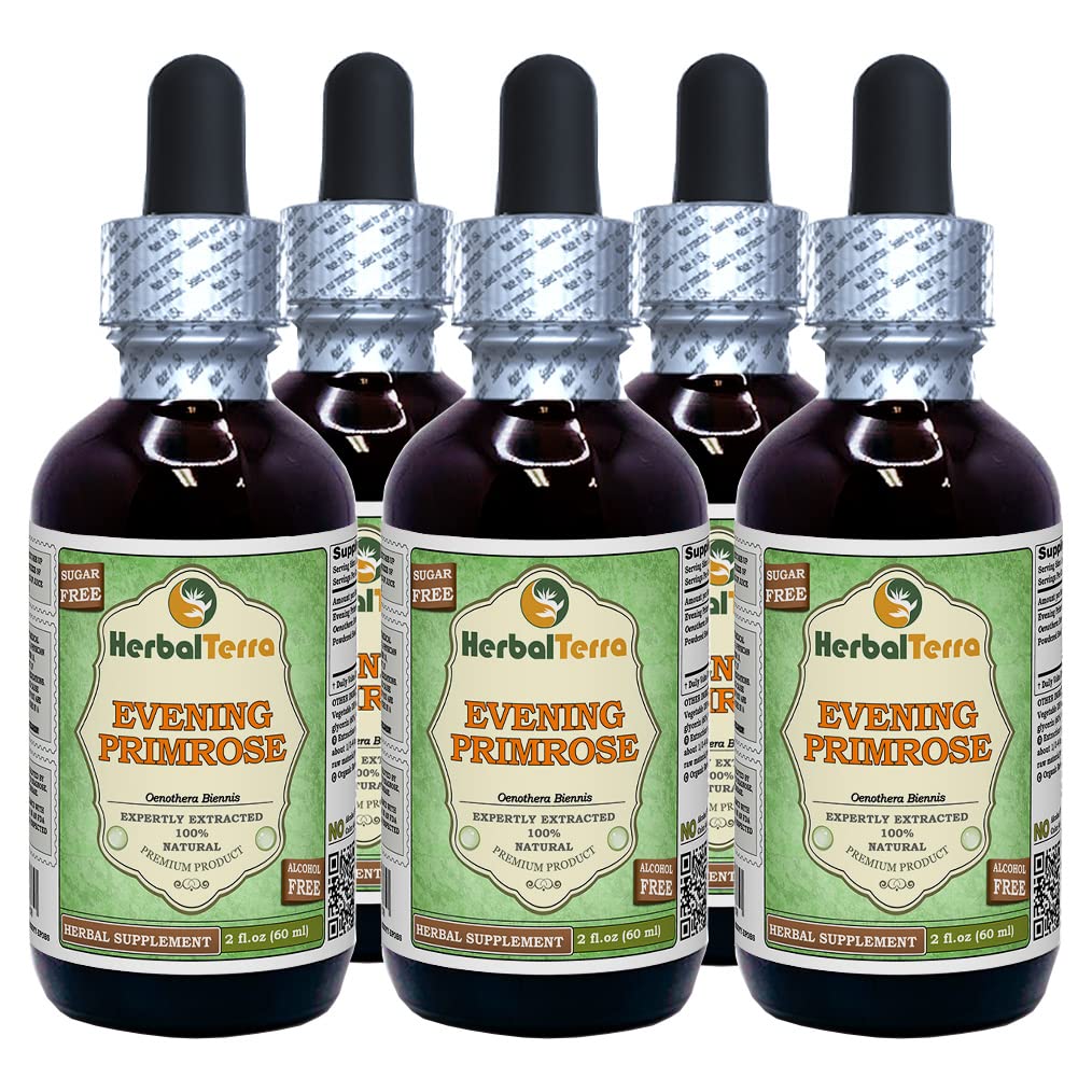 Evening Primrose (Oenothera Biennis) Glycerite, Dried Seeds Alcohol-Free Liquid Extract (Brand Name: HerbalTerra) 5x2 fl.oz (5x60 ml)