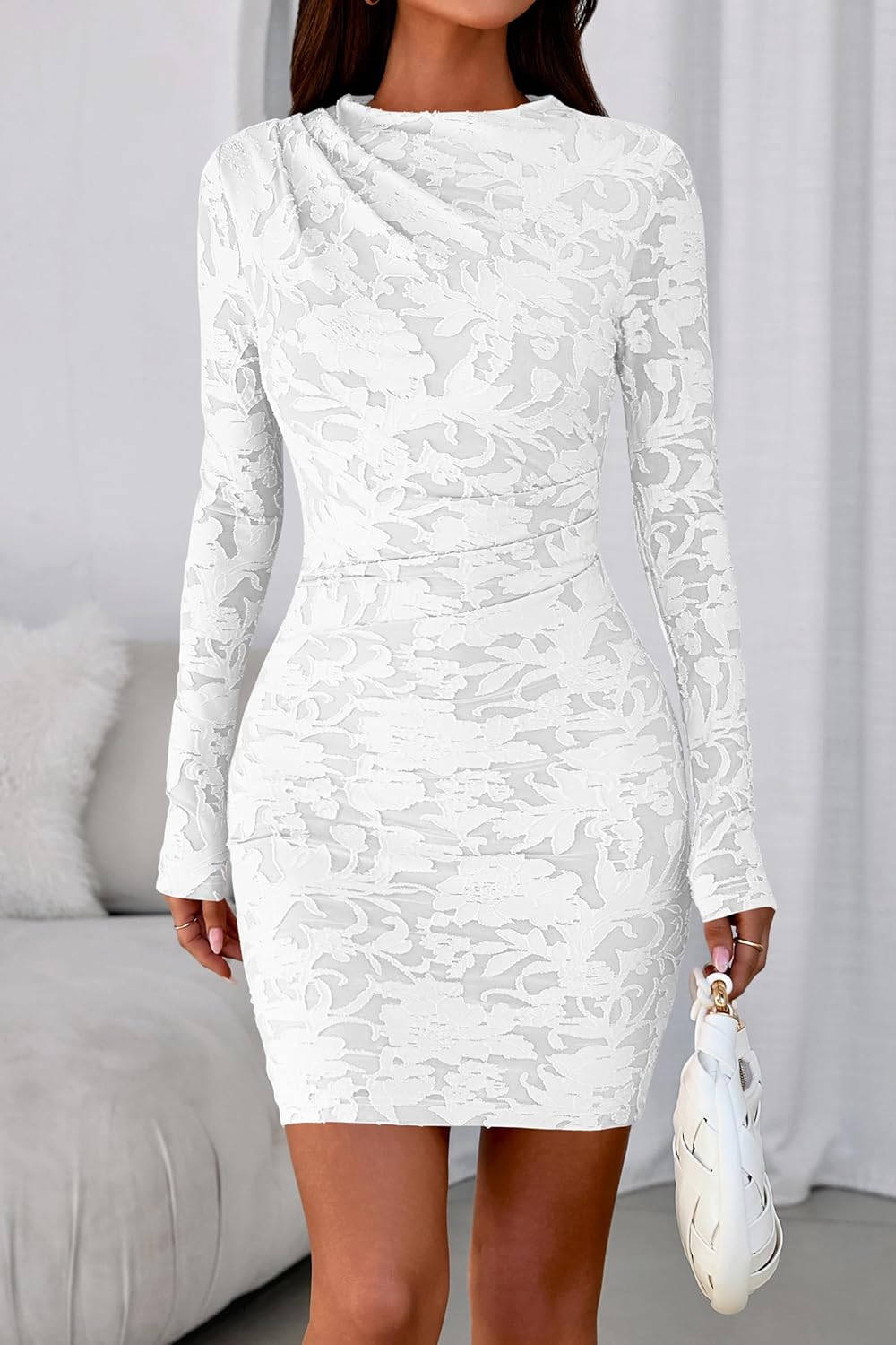 PRETTYGARDEN Women's Fall Bodycon Dresses 2026 Sexy Long Sleeve Ruched Lace Floral Mini Party Dress Tight Club Outfits - Image 2