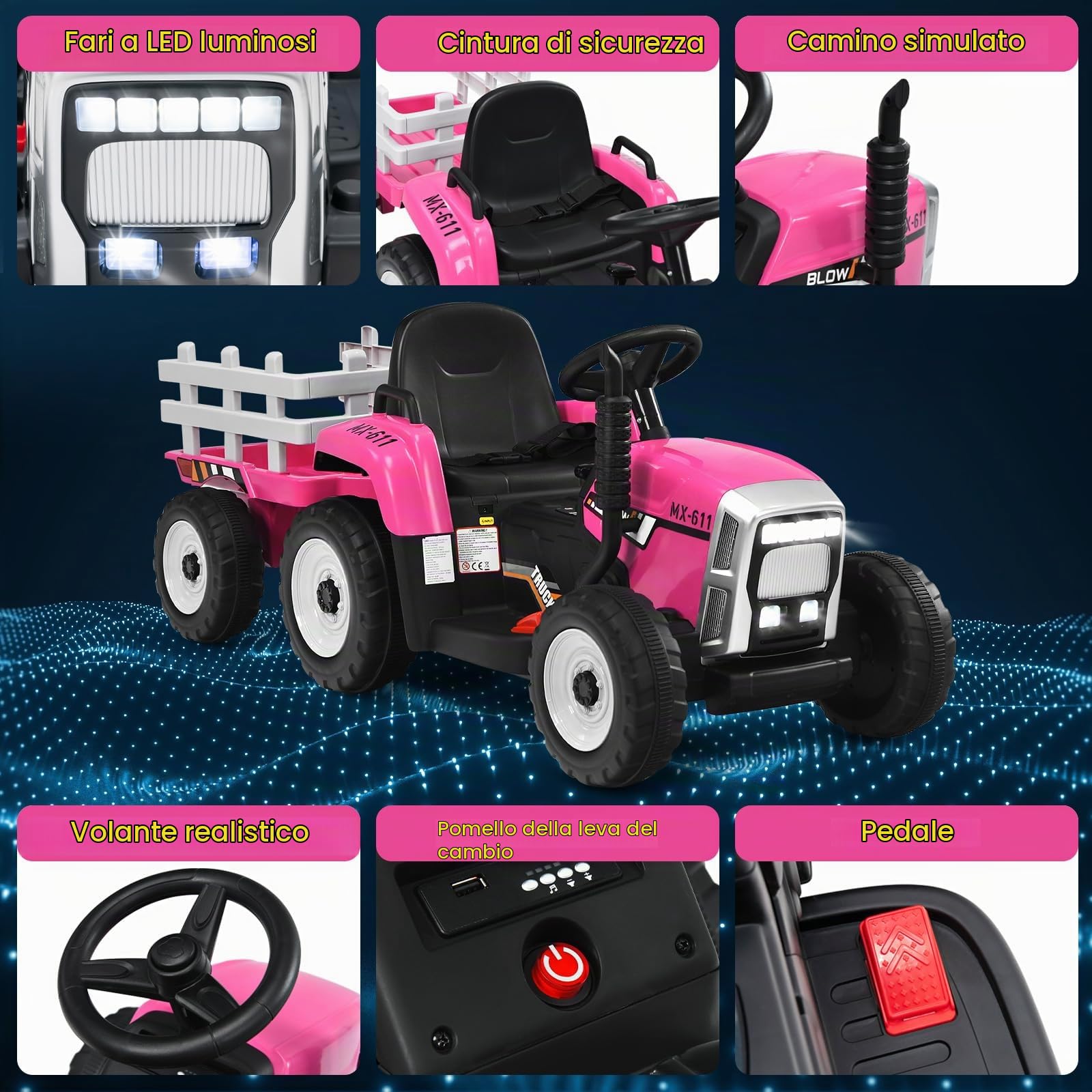 RELAX4LIFE Trattore Cavalcabile Elettrico per Bambini 12V a Batteria Ricaricabile con Telecomandato, Acceleratore a Pedale, Luci e Suoni e Rimorchio Rimovibile, 134 x 51 x 53 cm, Rosa