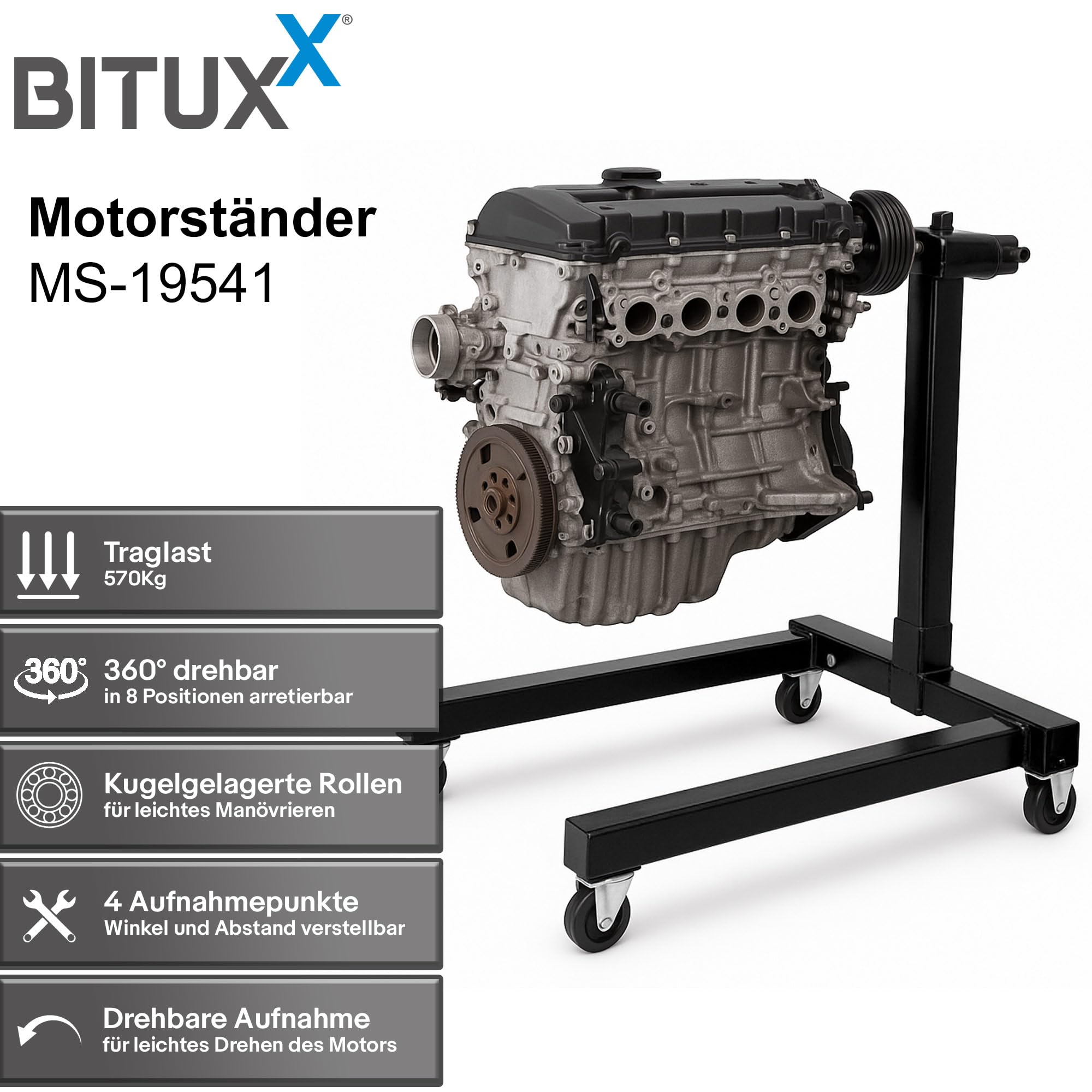 BITUXX Motorständer Kfz Motorhalter Motorbock Motorträger Drehbar und mit Rollen bis 570Kg Schwarz
