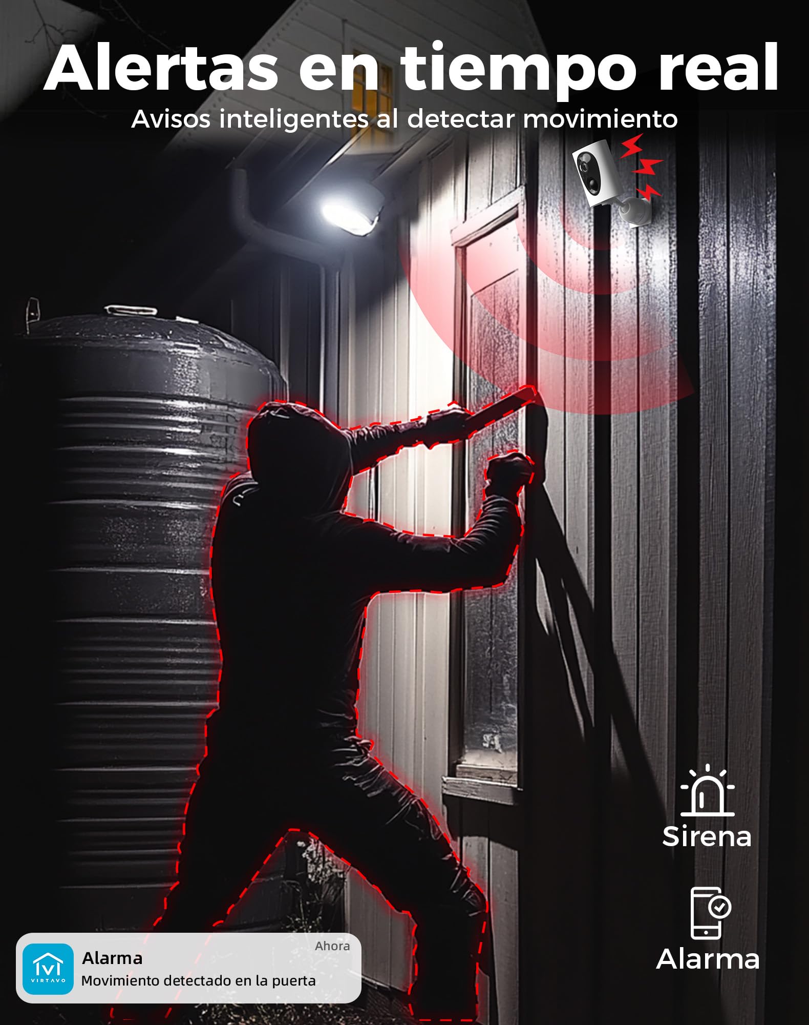 VIRTAVO 2K Camara de Vigilancia WiFi Exterior/Interior sin Cables, Cámara Seguridad con Batería Recargable, Visión Nocturna Starlight, Sin Suscripción Obligatoria, Detección PIR, Audio Bidireccional