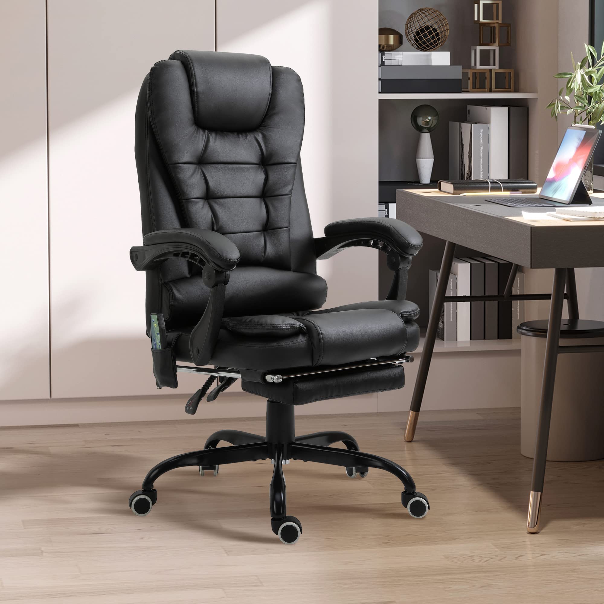 Vinsetto Sedia Ergonomica da Ufficio con 7 Punti Massaggianti e Poggiapiedi, Sedia da Scrivania Reclinabile in Pelle PU con Braccioli Imbottiti, Altezza Regolabile e Ruote Girevole, per Studio, Nero