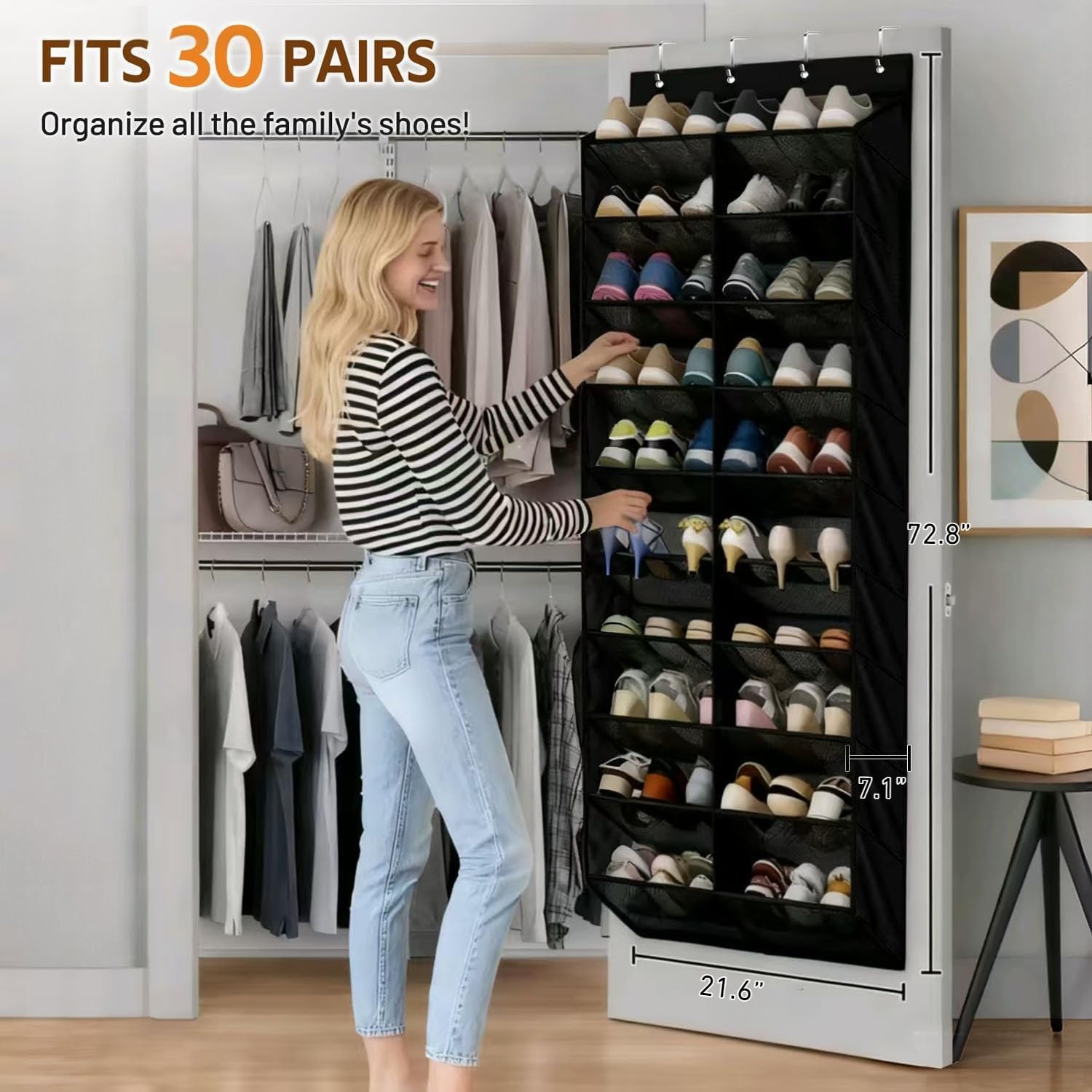 30 pares de zapatos para colgar sobre la puerta, zapatero colgante de gran capacidad con 4 ganchos de metal, solución de almacenamiento que ahorra espacio para un fácil acceso y una limpieza ordenada