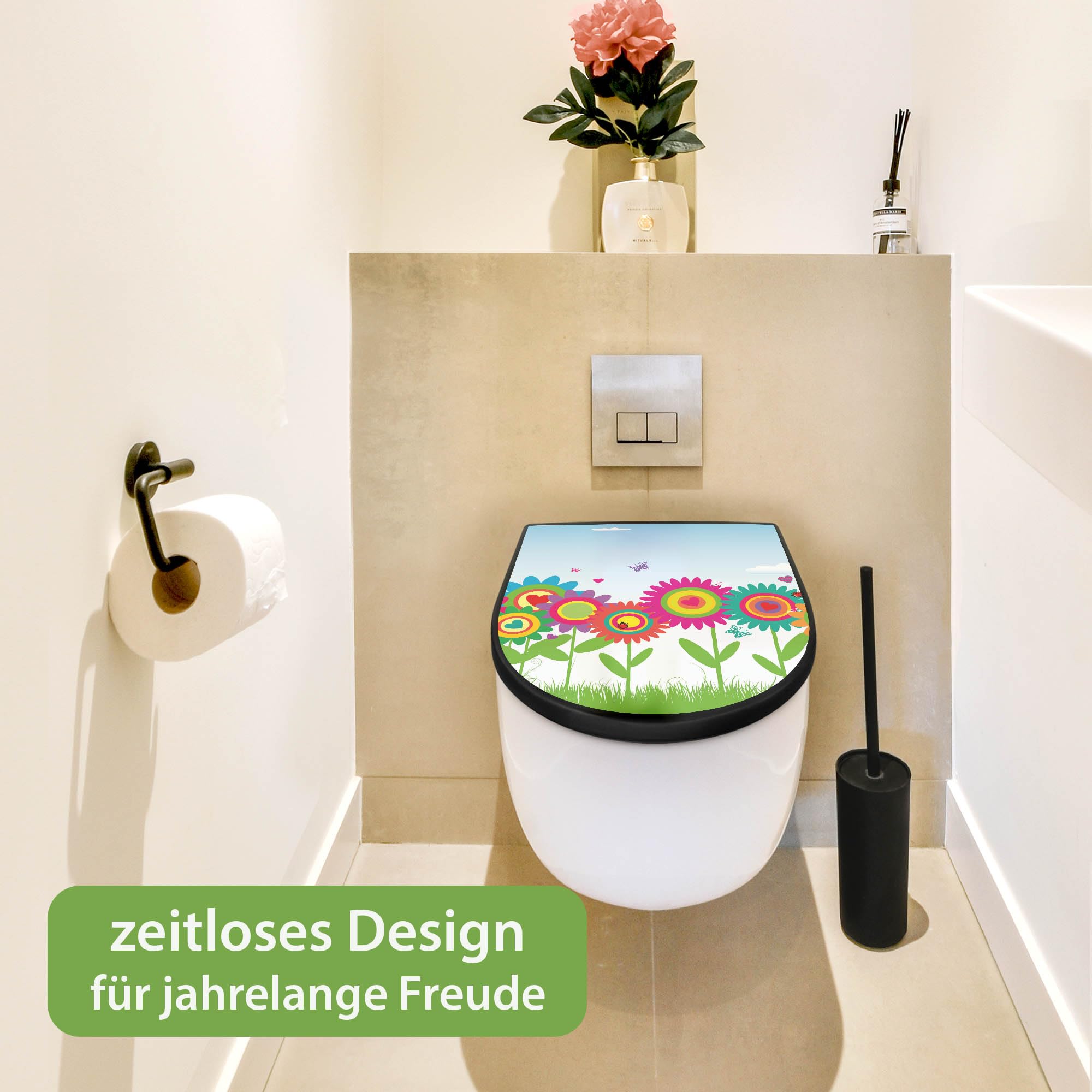 banjado WC Sitz mit Absenkautomatik D Form - Toilettendeckel mit Absenkautomatik D Form - Klodeckel Softclose - stabile Klobrille - Toilettensitz Schwarz - Motiv Bunte Blumen