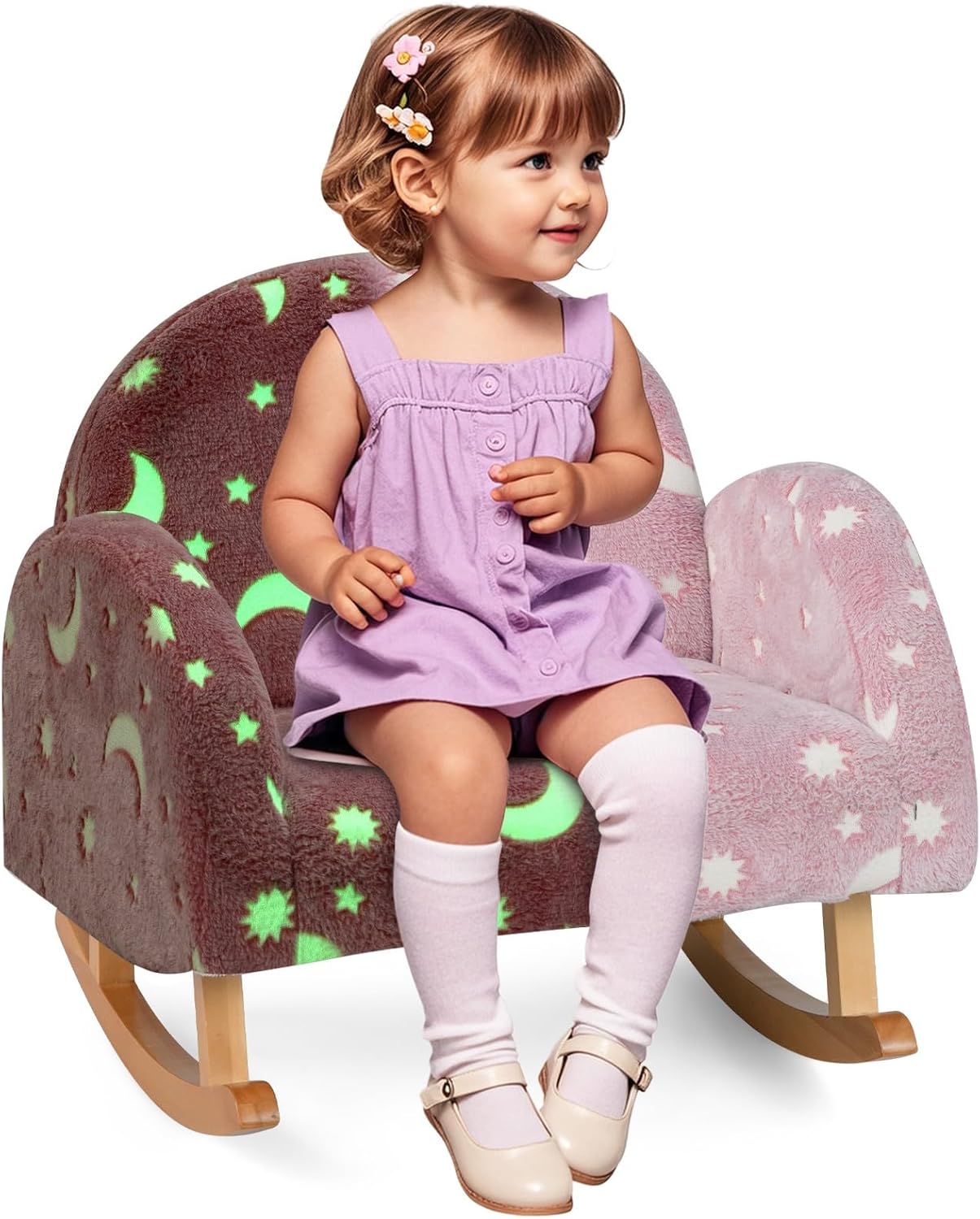 INFANS Kids Sofa with Glow in The Dark, Toddler Rocking Chair with Solid Wooden Frame Anti-Tipping, Upholstered Comfy Foam Children Chair for Kindergarten Playroom Preschool, Gift for Boys Girls