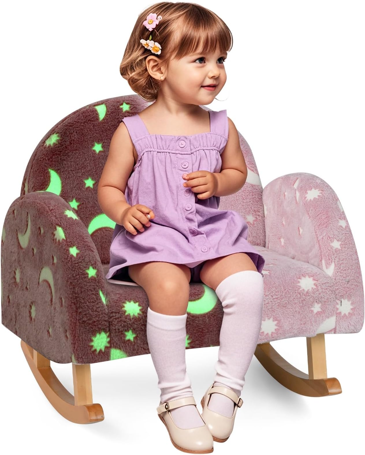 INFANS Kids Sofa with Glow in The Dark, Toddler Rocking Chair with Solid Wooden Frame Anti-Tipping, Upholstered Comfy Foam Children Chair for Kindergarten Playroom Preschool, Gift for Boys Girls