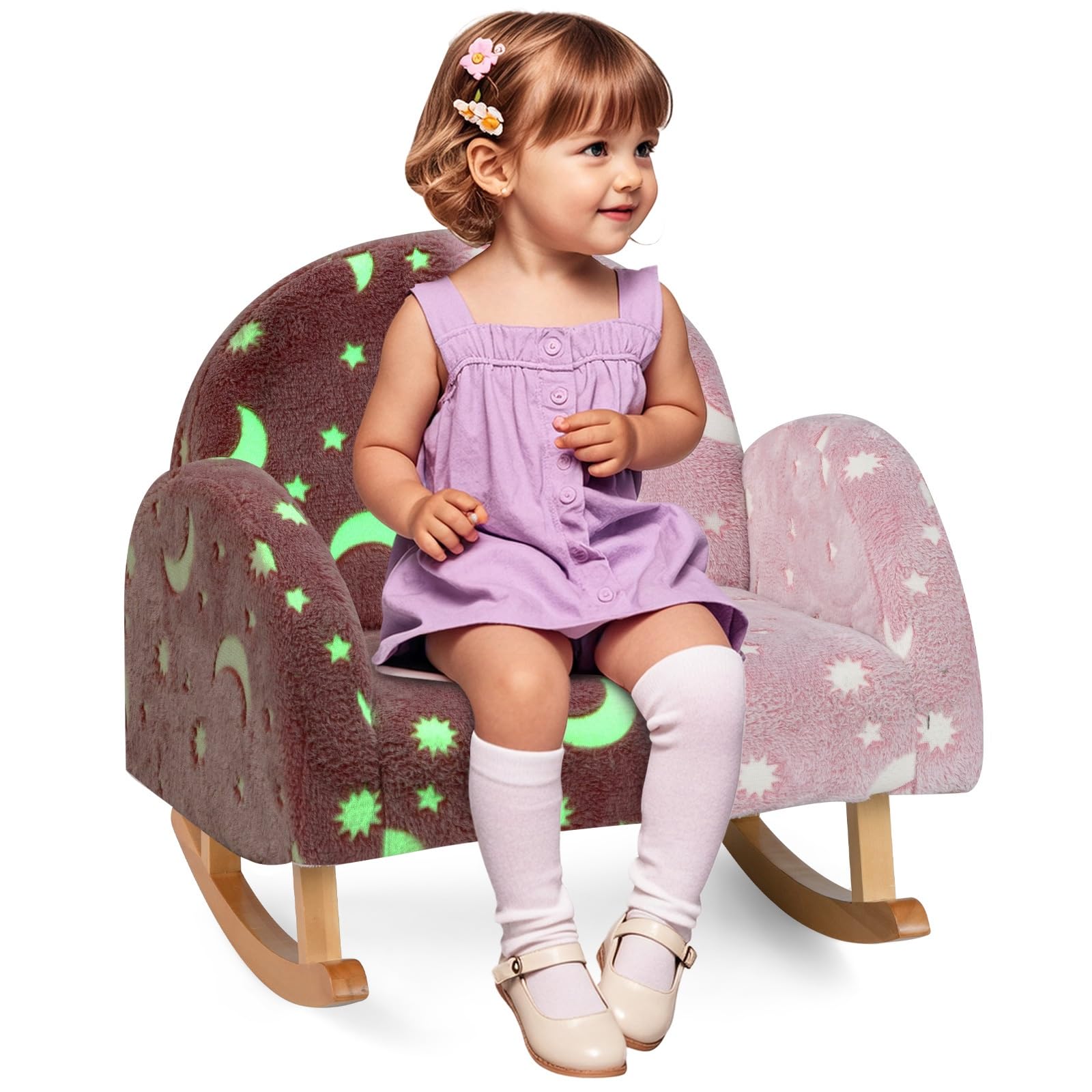 INFANS Kids Sofa with Glow in The Dark, Toddler Rocking Chair with Solid Wooden Frame Anti-Tipping, Upholstered Comfy Foam Children Chair for Kindergarten Playroom Preschool, Gift for Boys Girls