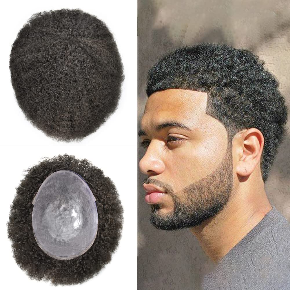 Afro Curl Toupee for Black Men HAIR WONDERS Afro Mens Toupee Weave Human  Hair Replacement System for Black Men Kinky Curly Men Hair Pieces for Black