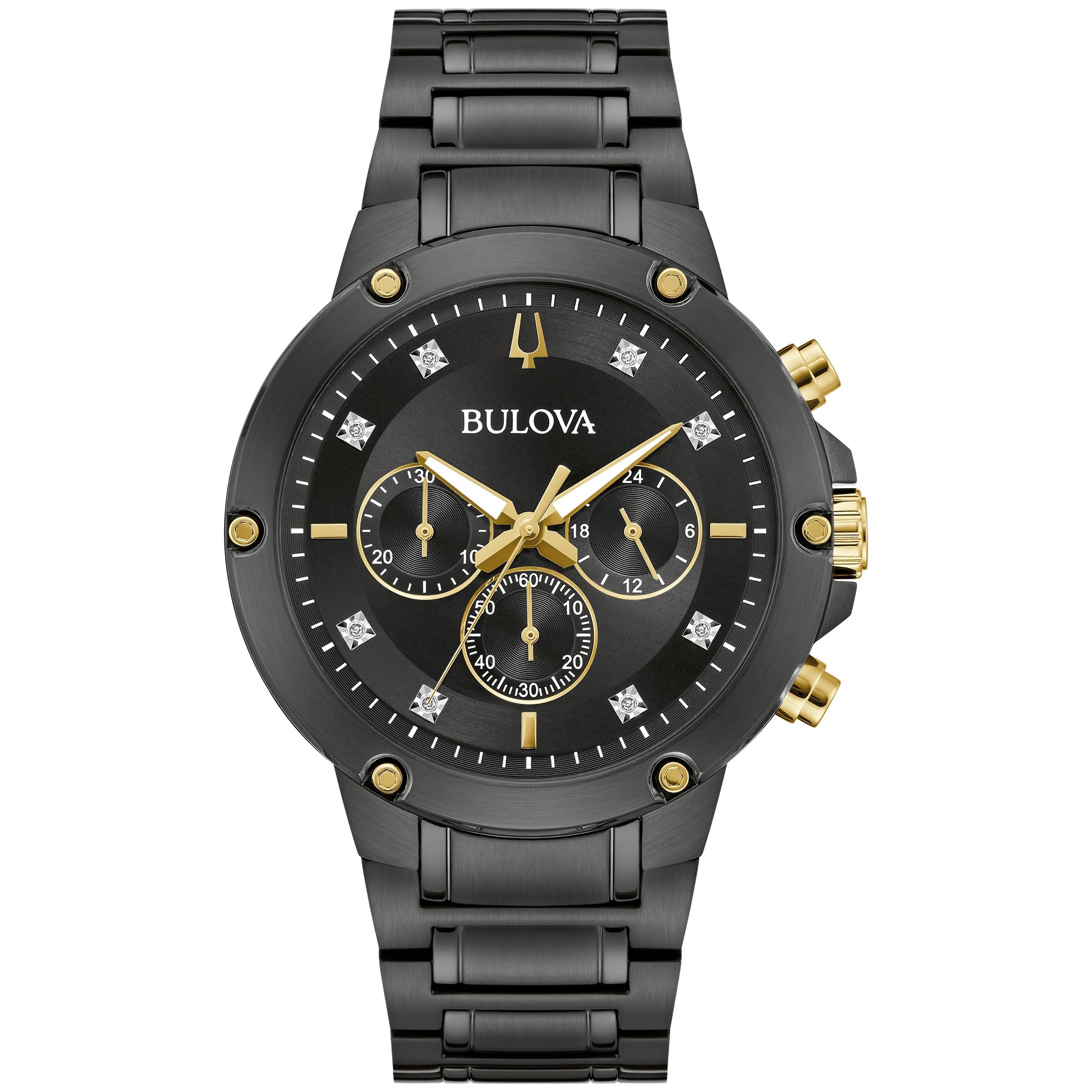 Bulova Men's Classic 6-Hand Chronograph Diamond Quartz Black Ion Plated Stainless Steel Watch, 24 Hour Time, 43mm, Style:98D190, Black, Classic Quartz Two-Tone Stainless Steel Bracelet Diamond