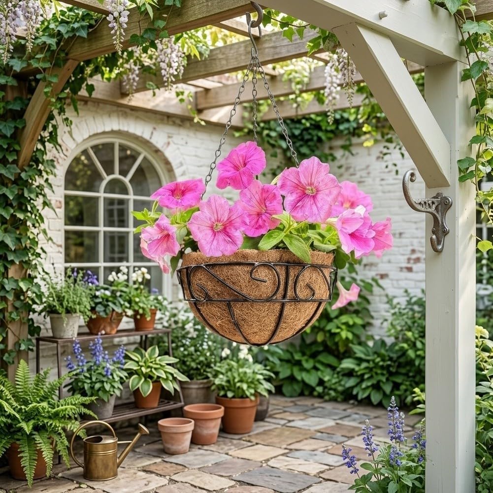 2 Stück Hängeampel Metall mit Kokosfaser Liner, Rustikaler | Blumenkorb für Balkon und Garten, Dekorativer Hängeblumentopf mit Wandhalterung für Pflanzen, Set für Hochzeitsdeko, 12