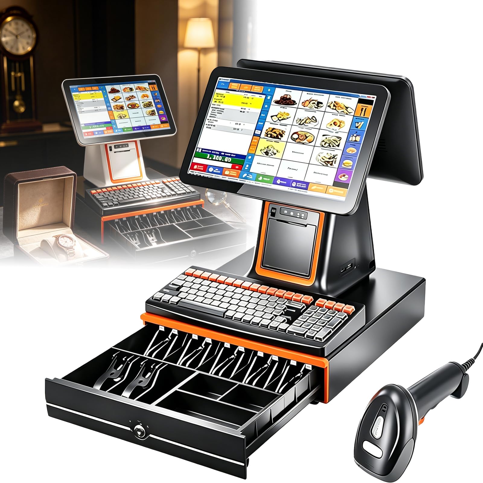 Jiayiyoux 15.6" Touchscreen Pos Cash Register Machine with Keyboard & Scanner -All in One POS System, Built-In 58Mm Printer for Business And Business And Retail Businesses,Black,DualScreen