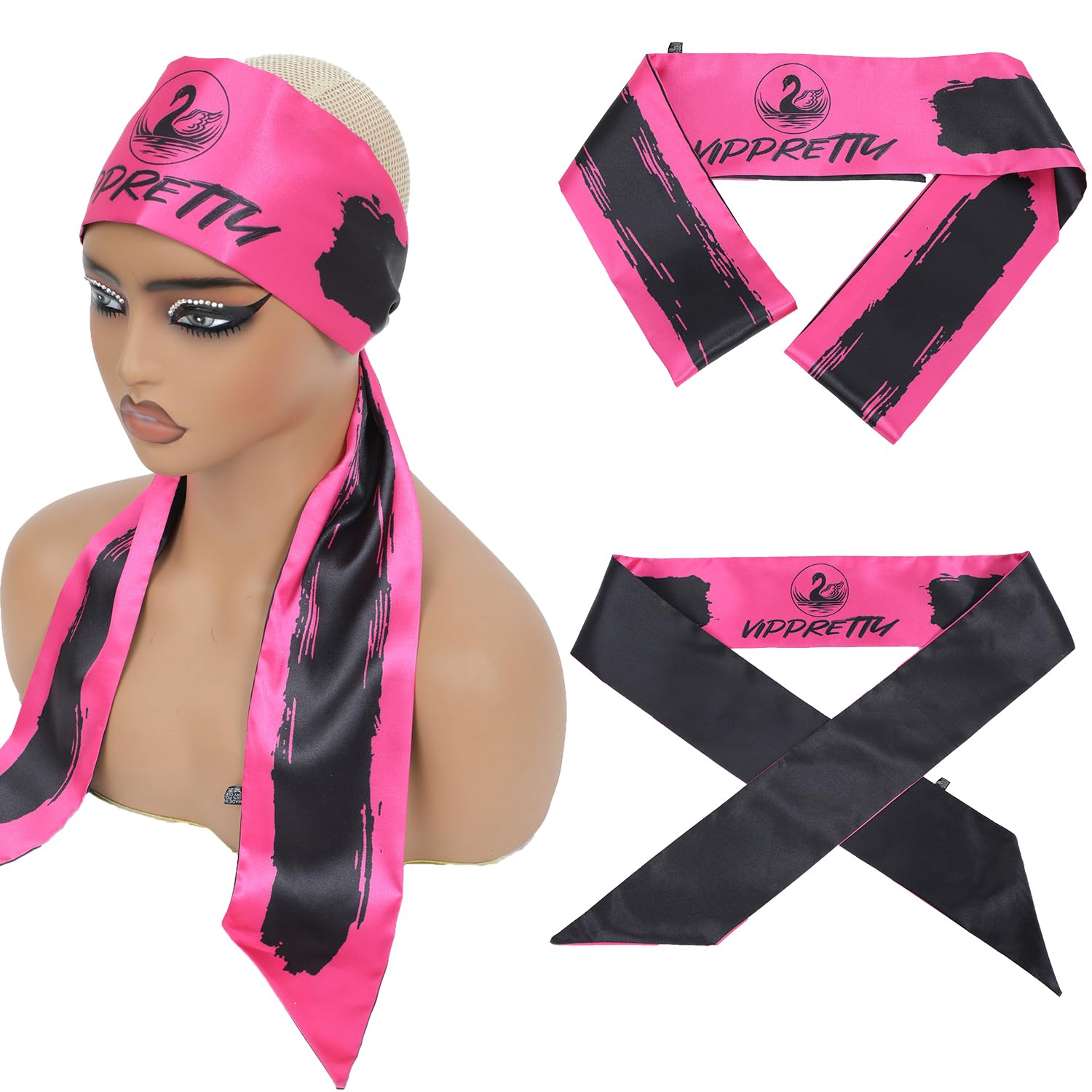2 bufandas de satén con borde para mujer, peluca de encaje frontal, antideslizante, banda de agarre para yoga, maquillaje, facial, deportes (un lado negro, patrón de marca de un lado) longitud 60