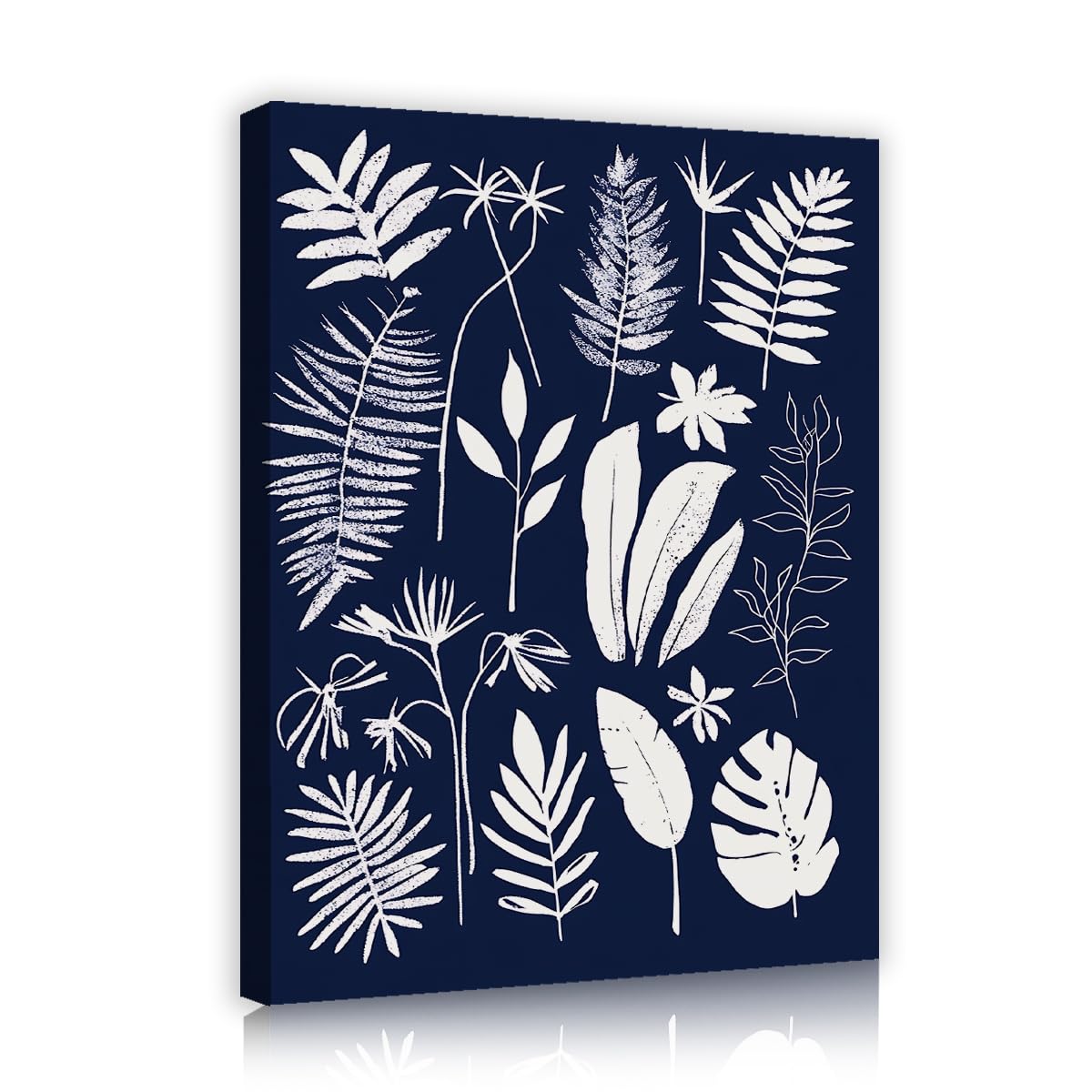 CHERHERART Boho obraz na płótnie wystrój domu tropikalne liście granatowy obraz ścienny minimalistyczny plakat botaniczny do salonu sypialnia 50 x 70 cm rama wewnętrzna
