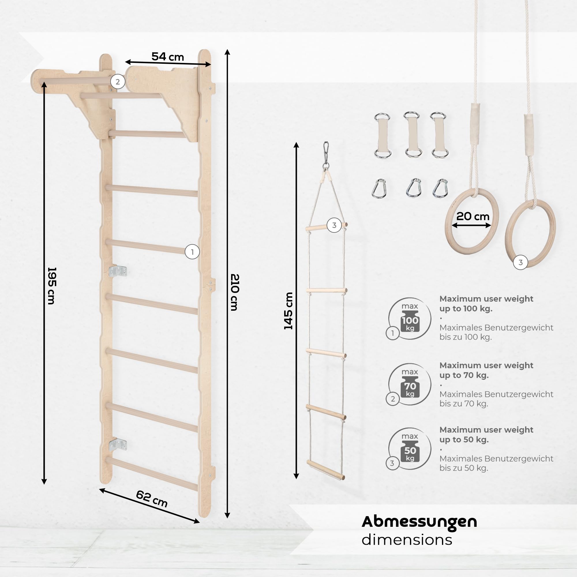 Ginnastica parete per bambini (210 cm) | scala in legno montata a parete | scala da arrampicata per bambini | anelli da ginnastica | tappetino protettivo | corda da arrampicata | 100% ECO | prodotto