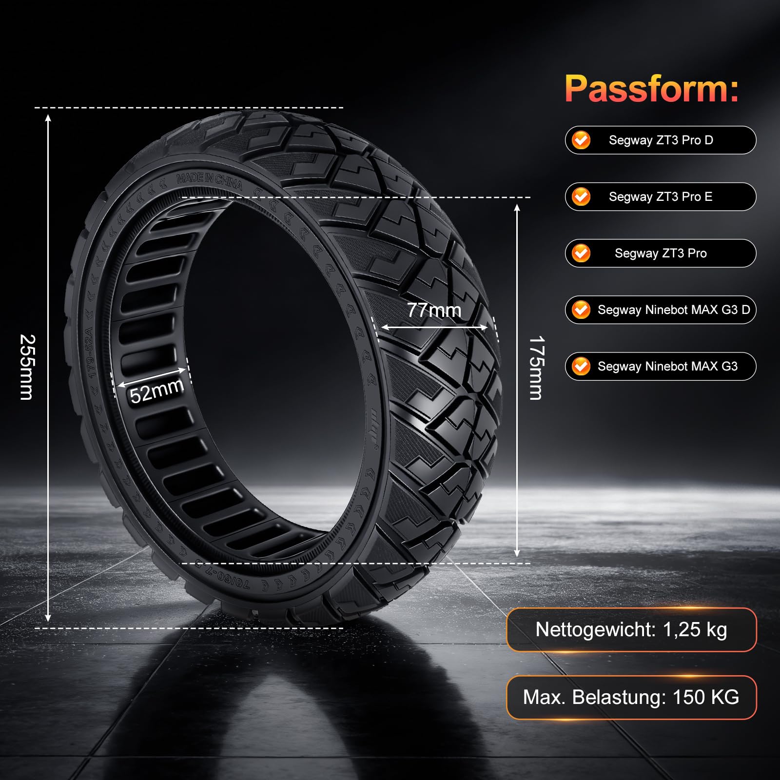 70/60-7,5 Vollreifen für Segway ZT3 Pro D, ZT3 Pro E, ZT3Pro, für Ninebot MAX G3 D Elektroroller Ersatzreifen Vollgummireifen Anti-Rutsch Off-Road Solide Reifen Pannensicher (1 Stück)