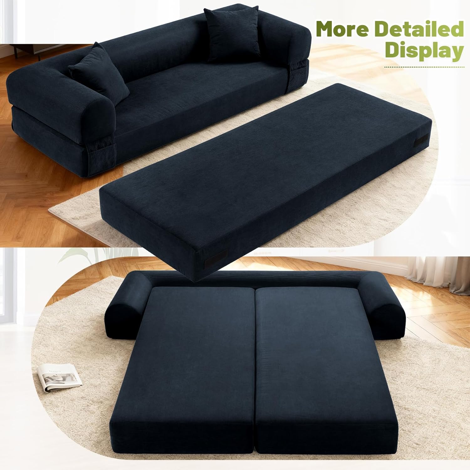 80 Inch Convertible Sofa Bed,Folding Pull Out Couch with Pillows & Storage Pocket,Corduroy Queen Sleeper Sofa in a Box,No Assembly Boneless Couch for Living Room,Deep Blue