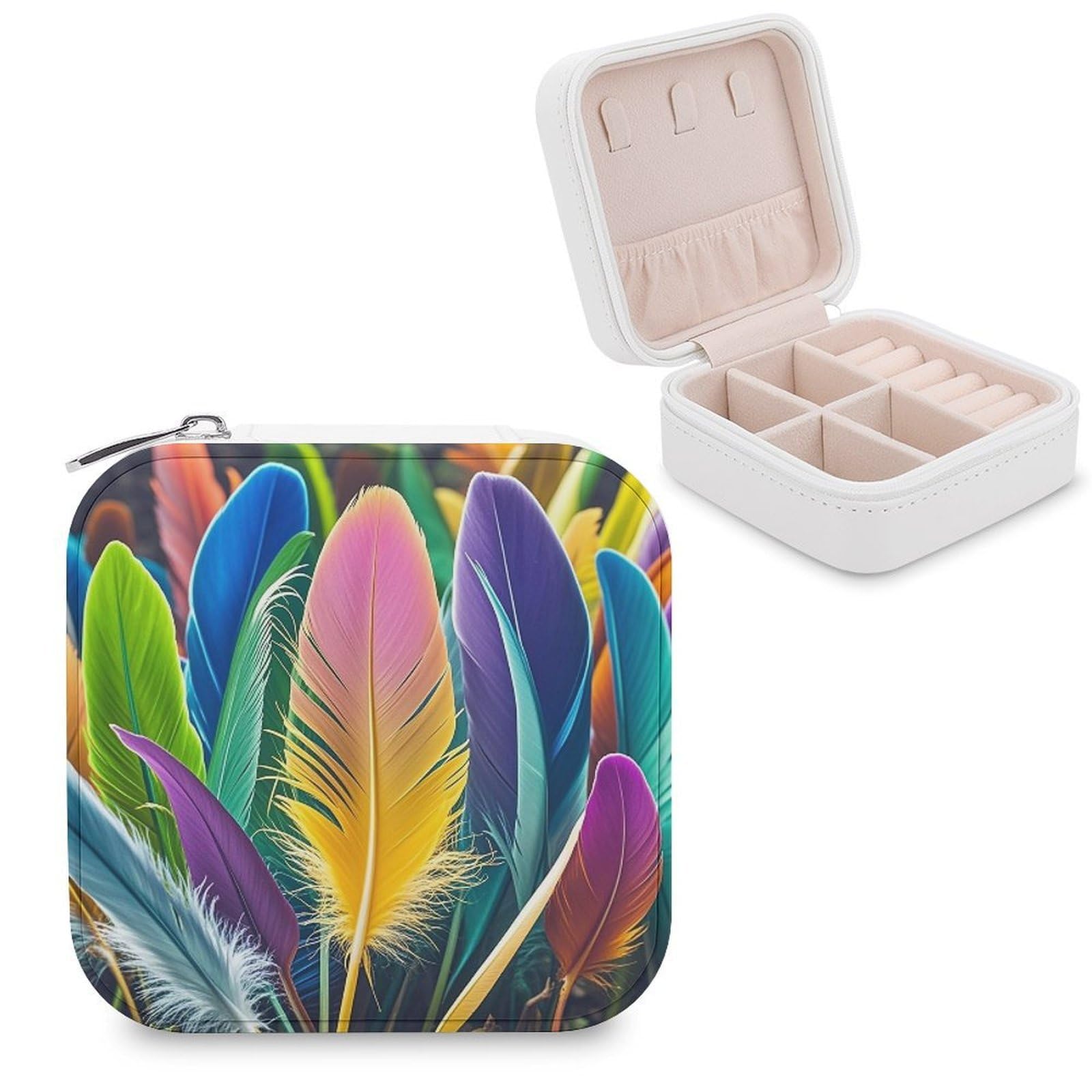 LZQPOEAS Lots of Feathers Jewelry Box Mini Jewelry Travel Case Trendy Stuff Ring Box Custom PU Leather Jewelry Boxes Portable Jewelry Case Earring Storage Organizer for Girls Women