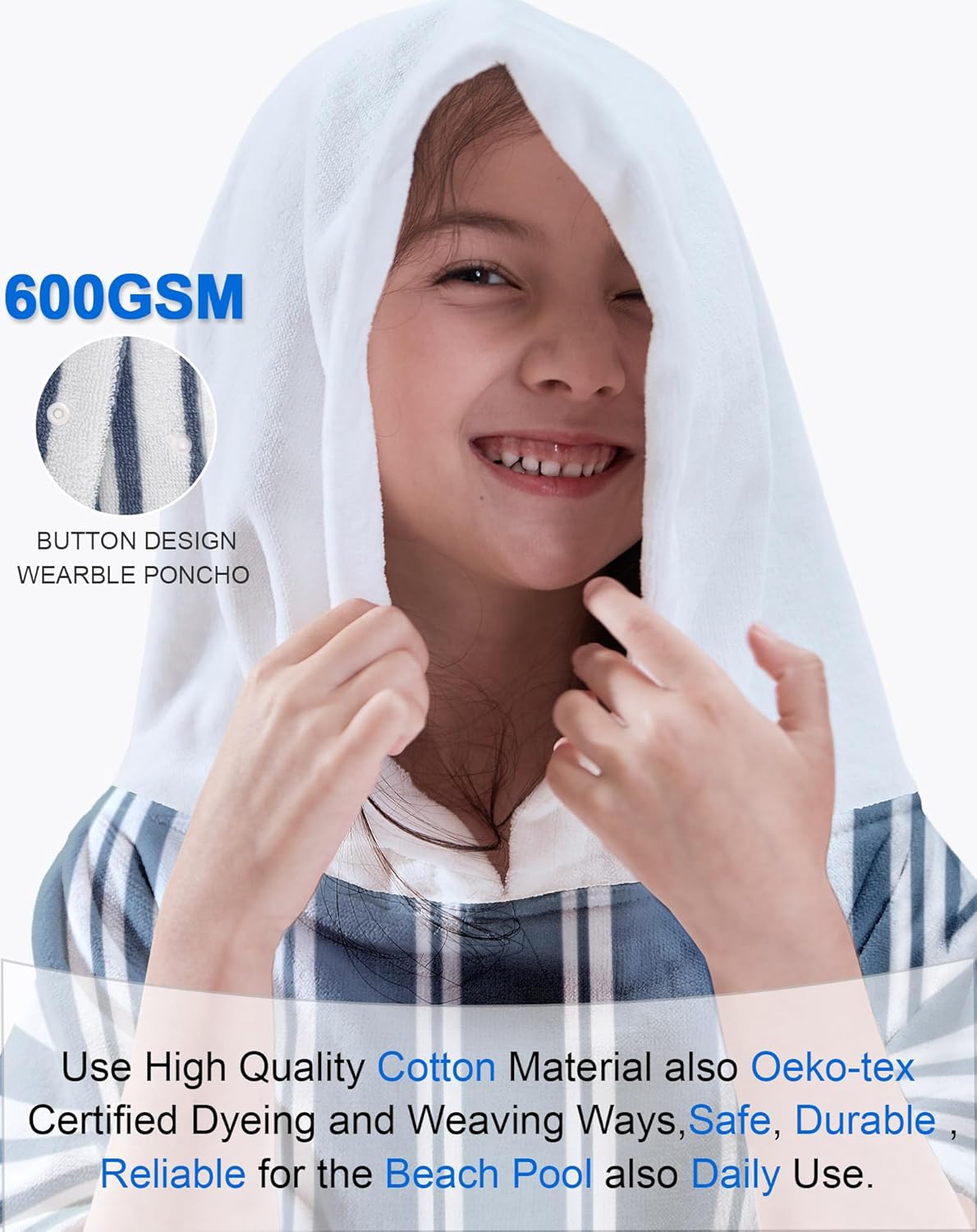 VOOVA & MOVAS Hooded Beach Towels for Boys| Girls | Teens (8-16Years), 100% Cotton Thick Poncho Towel Robe for Kids, Perfect for Pool, Beach, Bath and Gifts, Grey Cabana Stripe Design - Image 3