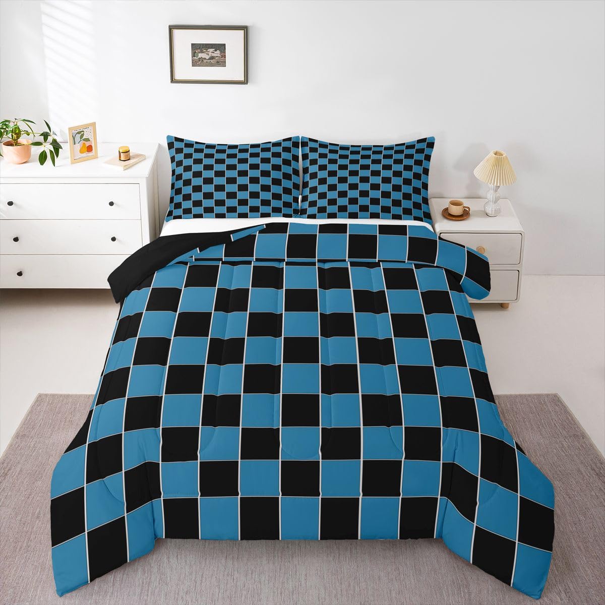 Erosebridal Plaid Comforter Set Navy Blue Black Checkerboard Queen Bedding Sets for Boys Girls Kids Geometric Checkered Comforter Aesthetic Grids Quilt Duvet 3 Pcs