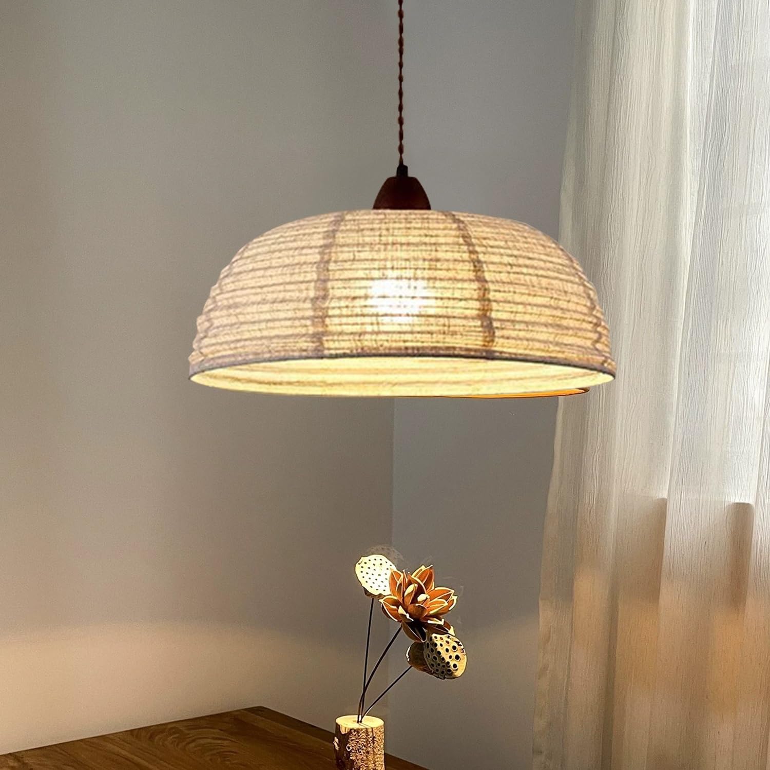 Wiszaca Lampa Vintage Bohemian Z Sznura Konopnego, Żyrandol Sufitowy E27 W Stylu Wiejskim Z Naturalnym Kloszem Lnianym Do Kuchni Jadalni Salonu Sypialni Kawiarni Baru,40cm