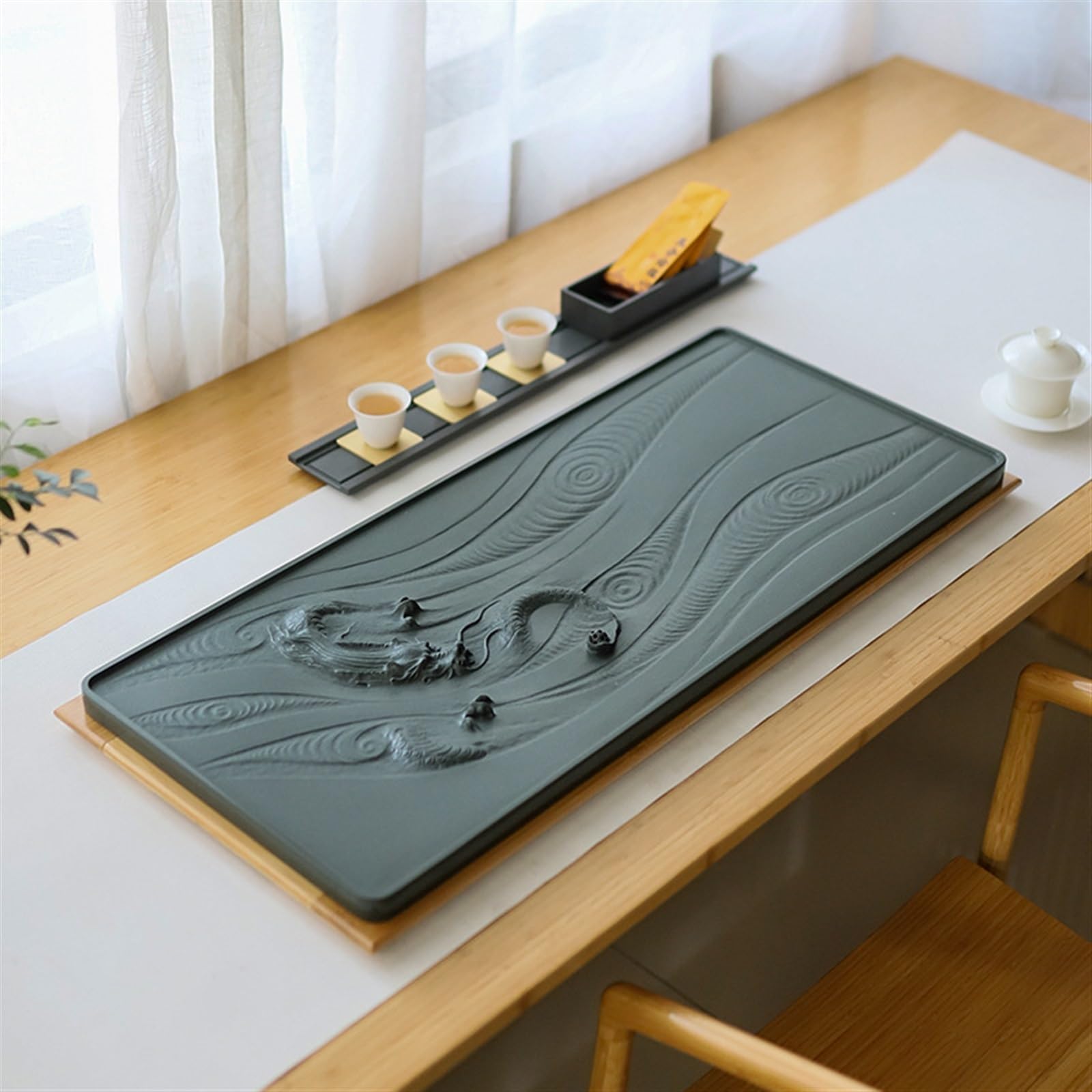 Teeservice Tee-Tablett aus Ebenholz, Teetisch komplett Tian Luo, grüner Stein, Meereskulptur, Geschenk für Zuhause, Teezeremonietablett für Senioren, chinesisches Teeservice (90 x 40 x 3 cm)