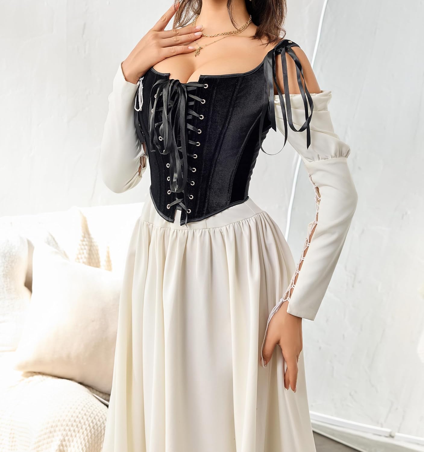 Women Corset-Renaissance-Bustier- Vintage Velvet Lace Up Bustier Tops, Black Slimming Shapewear Corset Camisole - Image 2