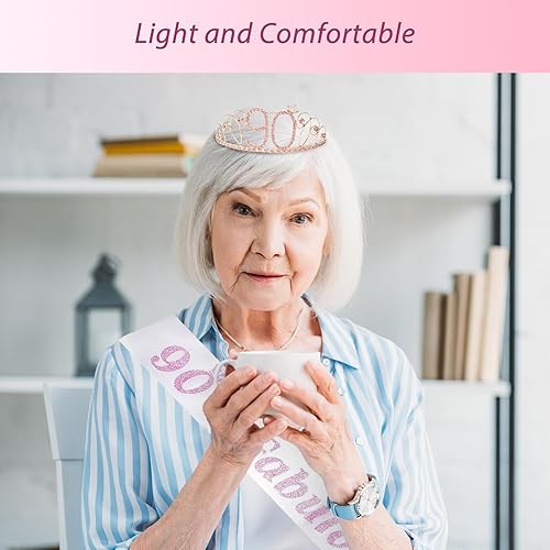 Miniatura 4 de MEANT2TOBE Banda y tiara de cumpleaños número 90 para mujer  Fabulosa banda con purpurina + tiara de metal de alta calidad con diamantes de