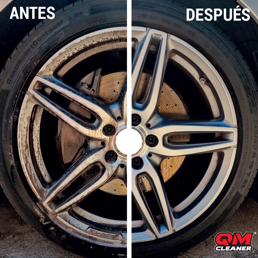 QM Cleaner Kit Limpieza y brillo de Llantas y Neumáticos para Coche | Incluye 500ml Limpia Llantas, 200ml Abrillantador de neumáticos, Cepillo y Esponja Kit completo Automovil