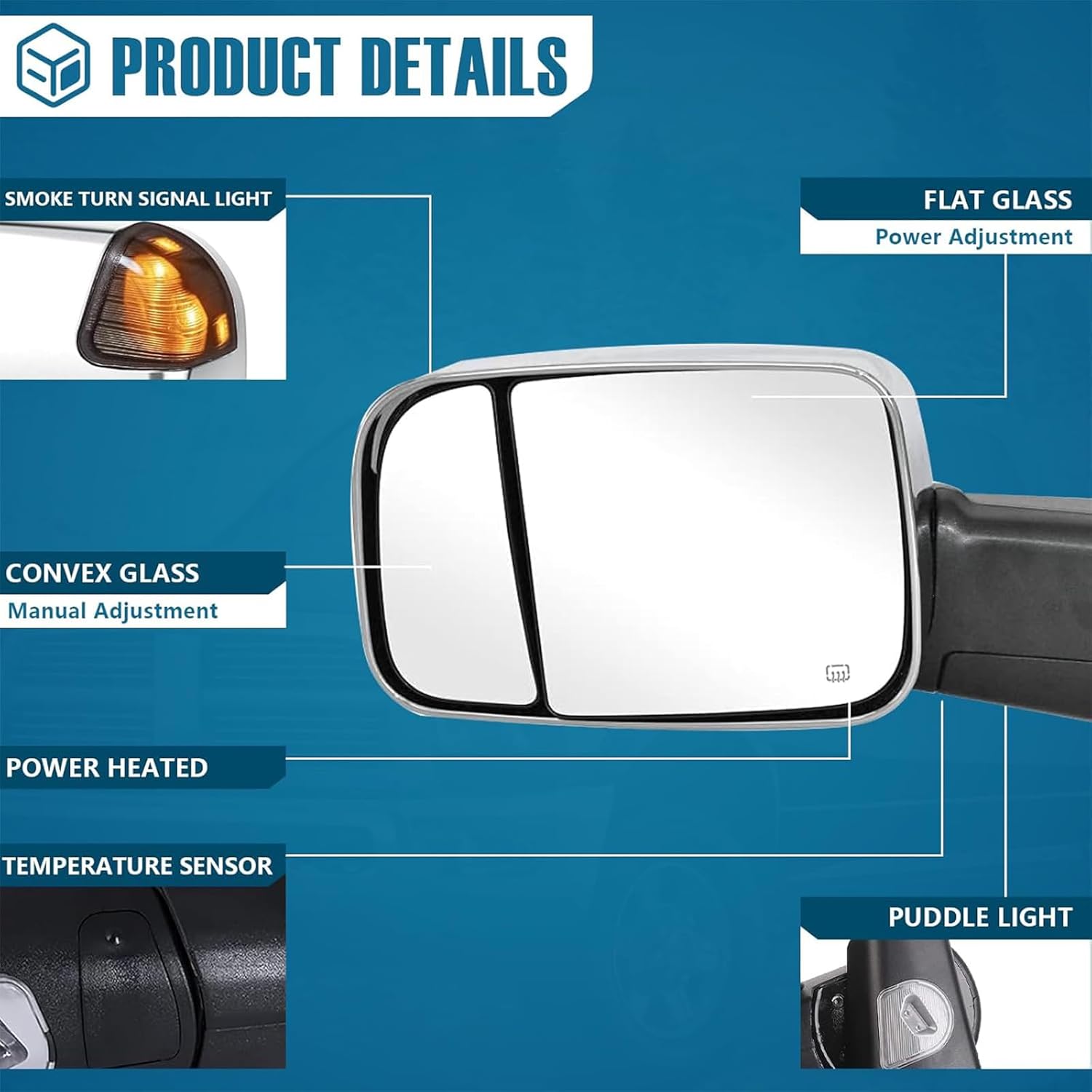Tow Mirrors Driver Passenger Side for 2009-2018 Dodge Ram 1500, 2019-2024 Ram 1500 Classic, 2010-2018 Ram 2500 3500 with Power Heated, Temperature Sensor, Smoke Signal Light, Puddle Light, Chrome