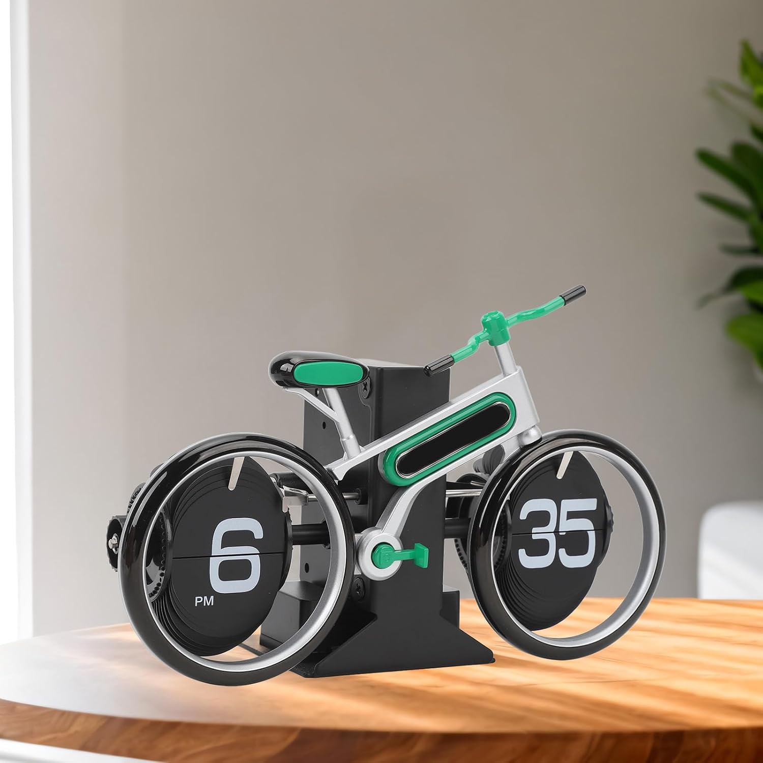 Asixxsix Retro Mechanical Flip Clock, Battery Operated Flip Clock Mechanical Desk Clock, Unique Bike Design Retro Flip Down Clock with Timer for Home and Office (Green)
