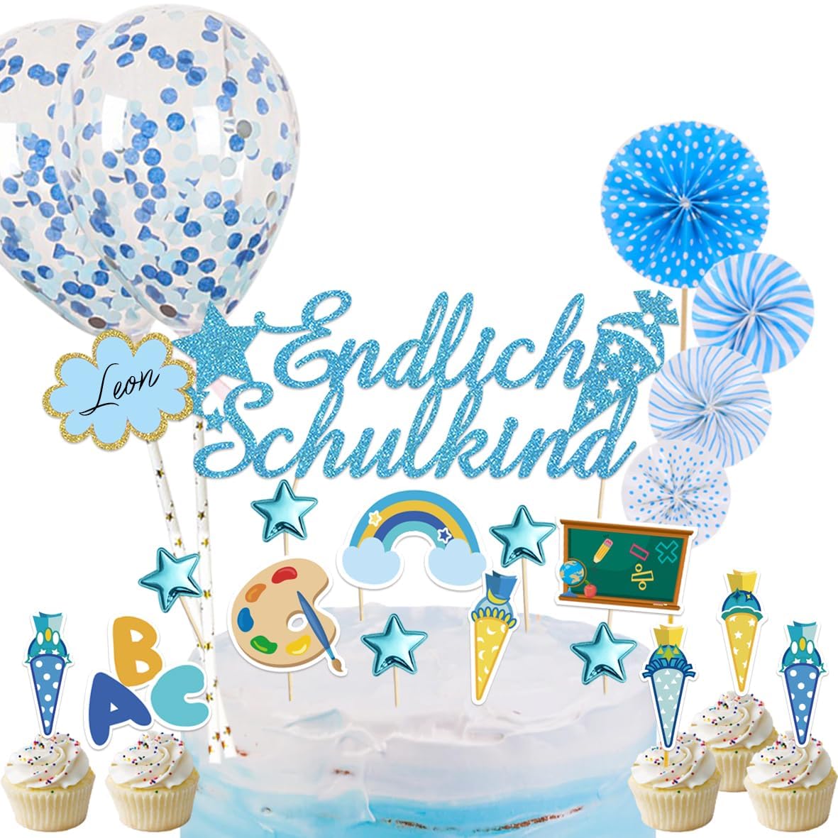 DOWNDRIFT 46-teiliges Kuchendeko-Set Schulanfang – Holz-Topper Mit ABC, 123, Hurra Schulkind