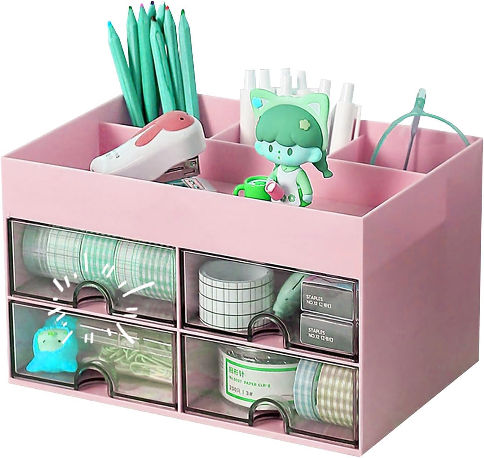 House of Quirk Desk Organiser With Drawer, Multifunctional Desk Organizer, Office Organizer, 4 Plastic Compartments With Drawer, Storage Shelf For Office, School (Pink), Baby Products