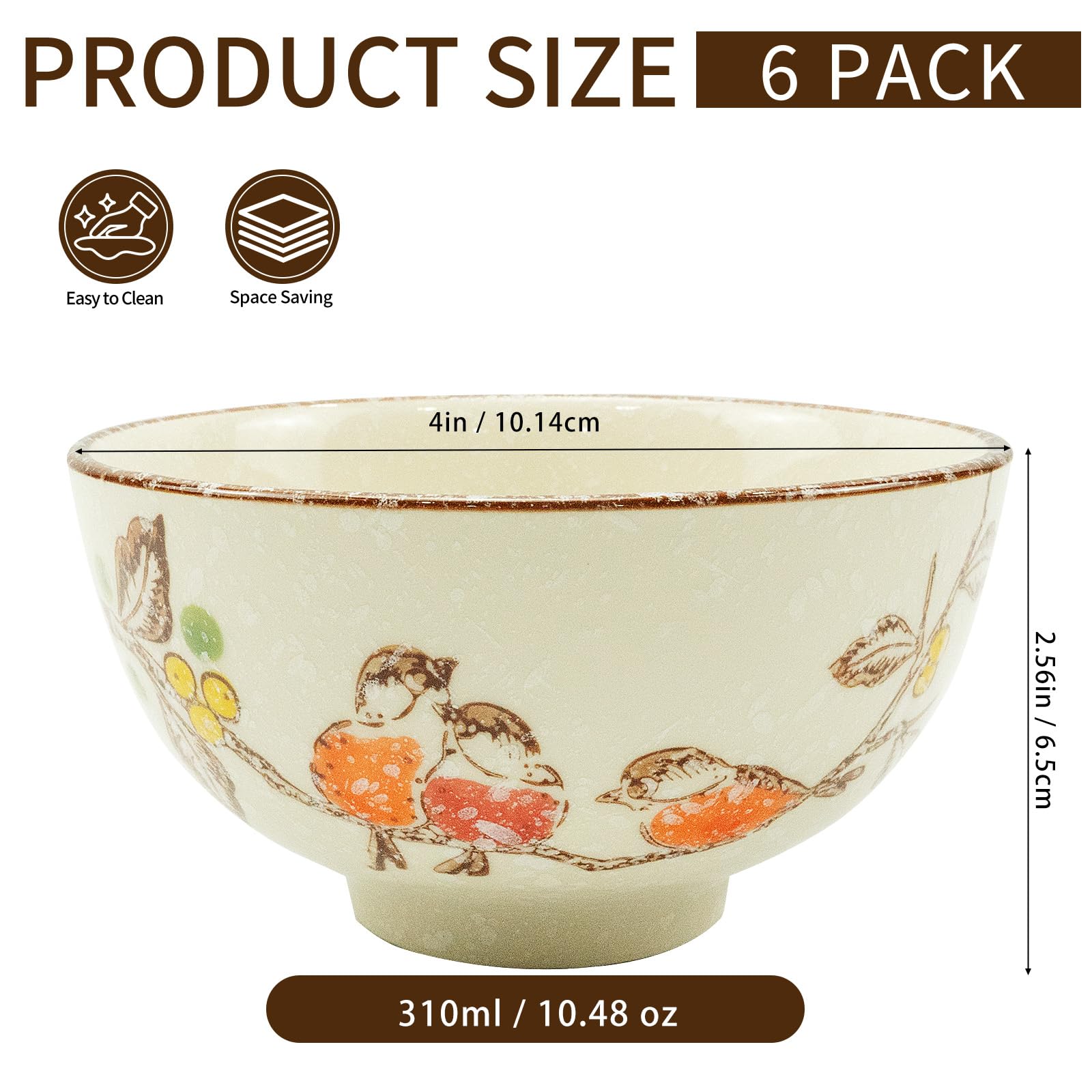 Paquete de 6 cuencos de arroz japoneses, cuencos de cerámica retro de 4 pulgadas, pintados a mano