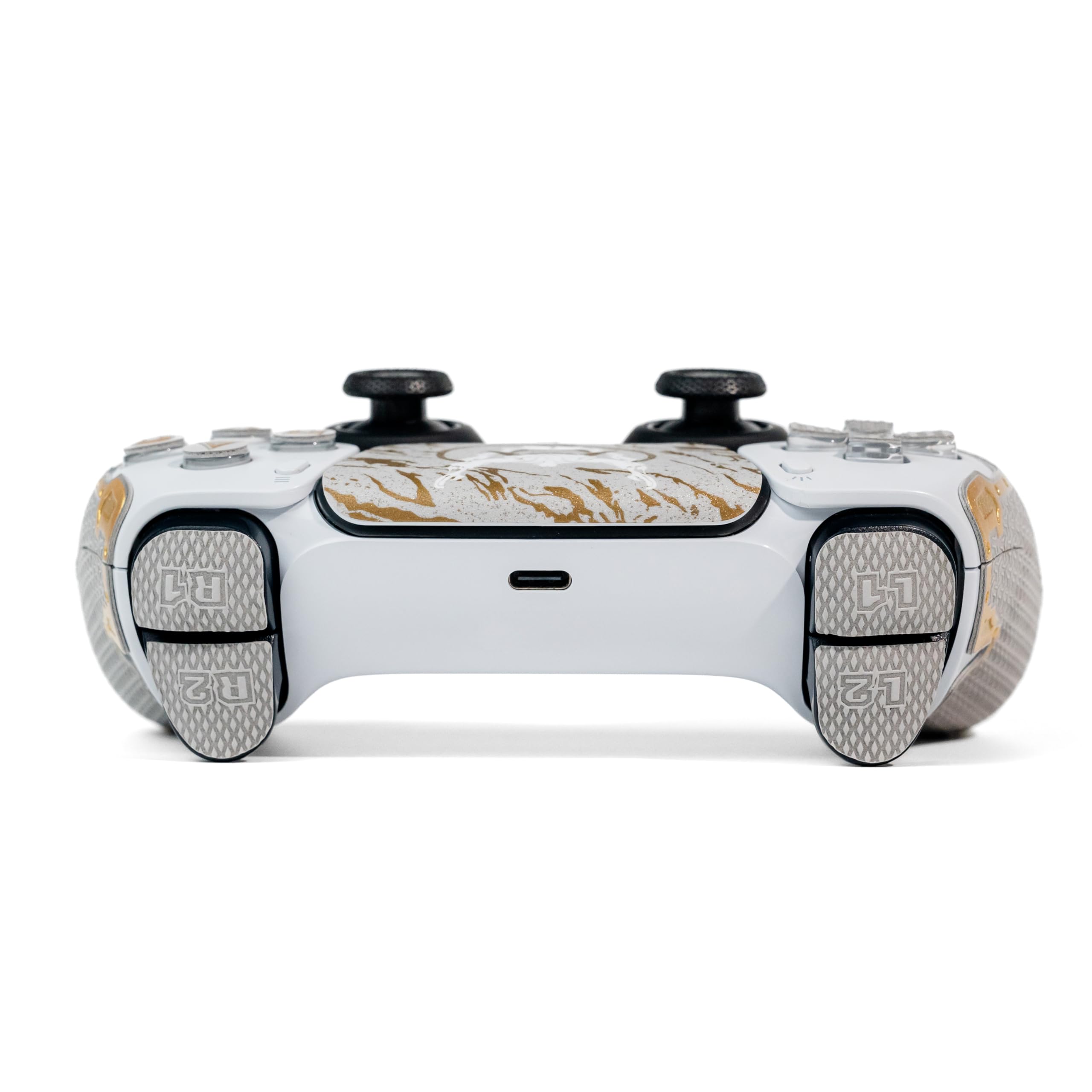 Poignées de manette pour PS5 DualSense, antidérapant, multi-texture, absorption de la transpiration, ruban adhésif prédécoupé (gris cendré et doré, série Guardian 2.0 pour DualSense)
