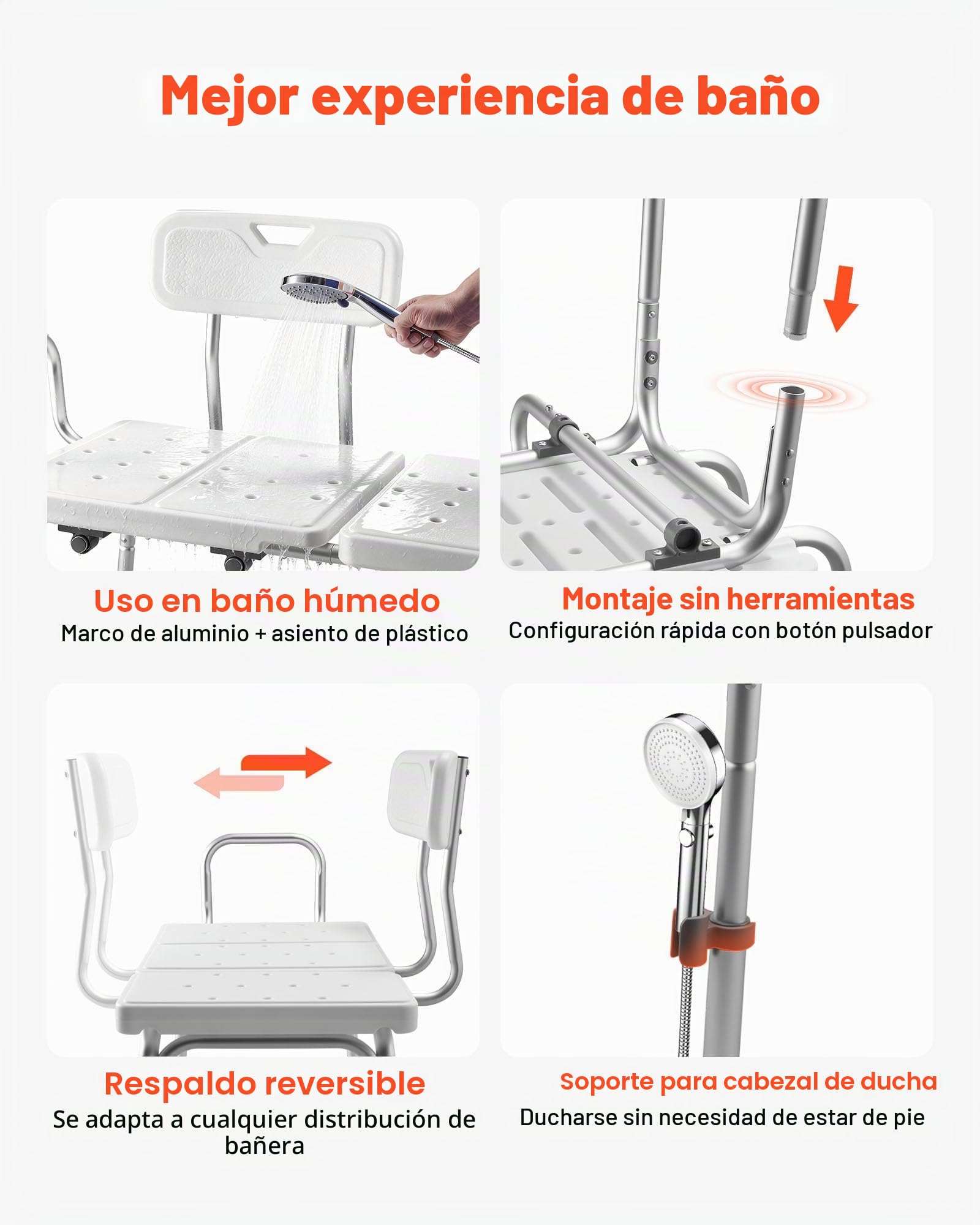 VEVOR Asiento de Bañera con Brazo y Respaldo, Silla para Bañera Altura Ajustable de 375 a 490 mm, Capacidad de 180 kg, Silla de Ducha para Adultos, Personas Mayores, Personas con Discapacidad