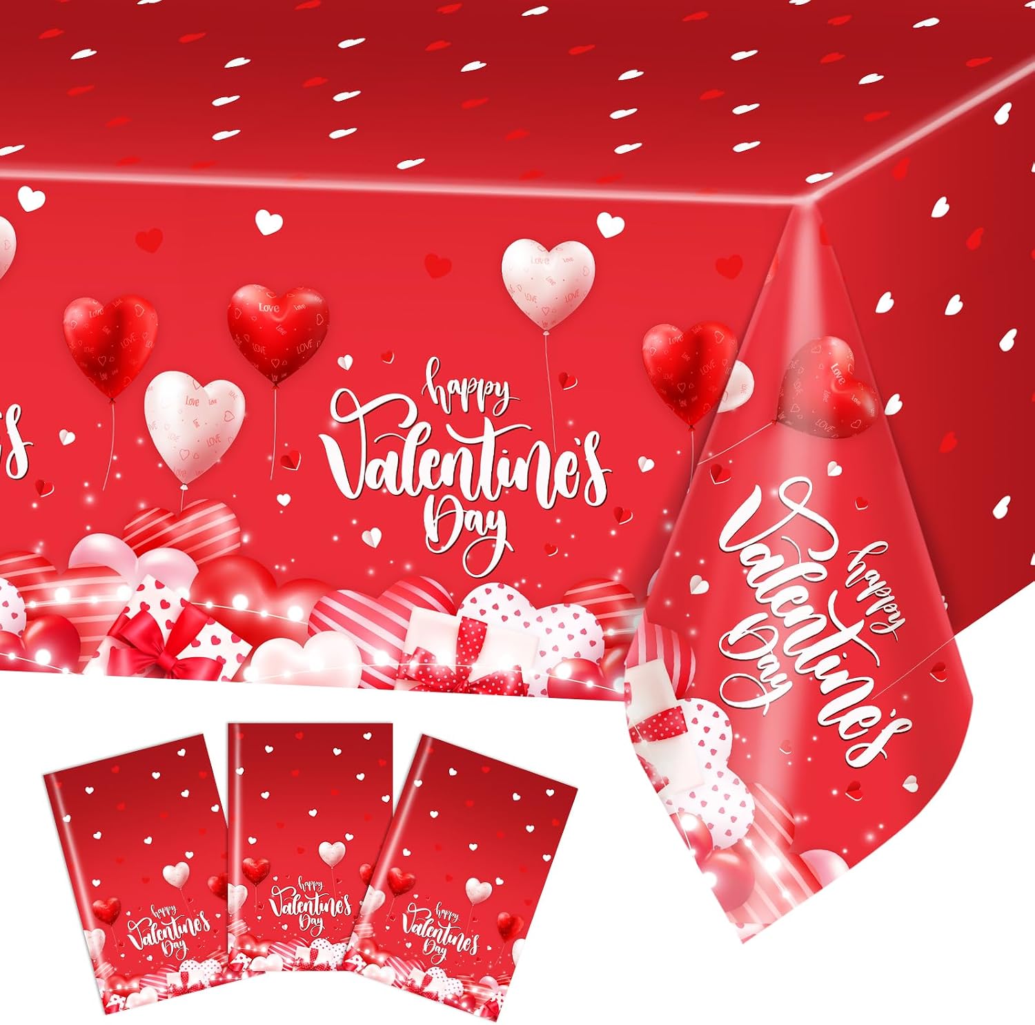 Avezano 3 pcs Valentines Day Tablecloths Happy Valentines Day Plastic Tablecloth 108x54 inch Red Loveheart Romantic Party Decorations for Wedding Engagement Anniversary