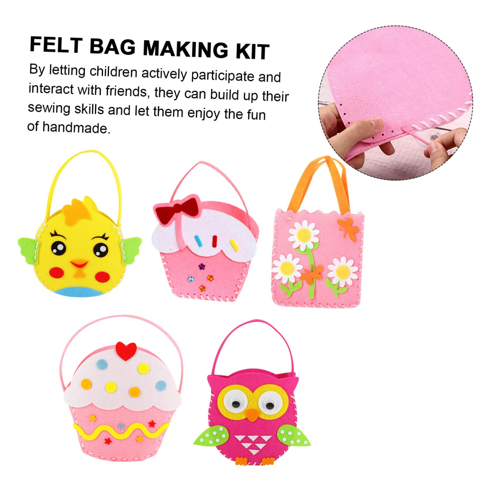 Uonlytech 5 set Kit Cucito Borse in Non Ecologico DIY Borsa Te con Motivi Colorati e Sicuri Attività Manuale per Ragazzi e Ragazze Facile e Divertente per Imparare Cucire